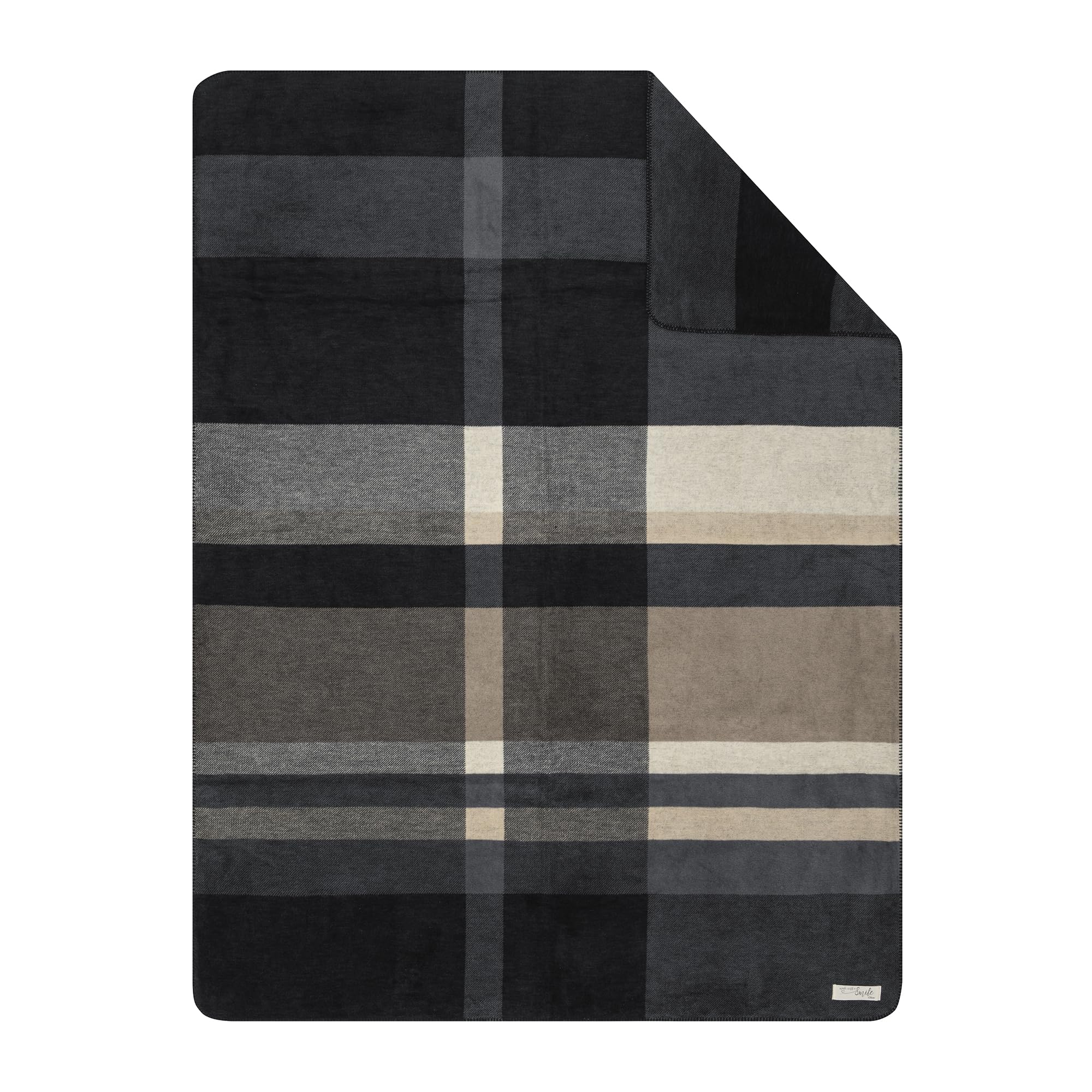s.Oliver Decke 150x200 cm - Baumwollmix, Made in Germany, warm & waschbar, Kuscheldecke kariert grau beige