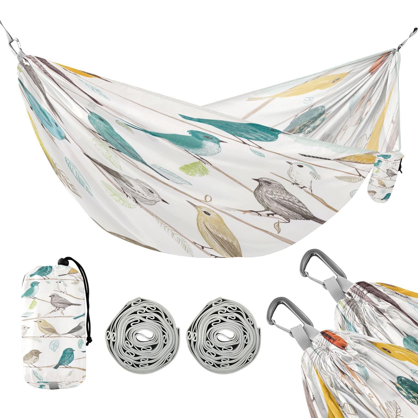 Haskirky Colorful Birds Camping Hammock, Single Portable Hammocks with Tree Straps & Attached Carry Bag, 330Lbs Capacity Perfect for Outside Indoor Hiking Beach Backpack Travel