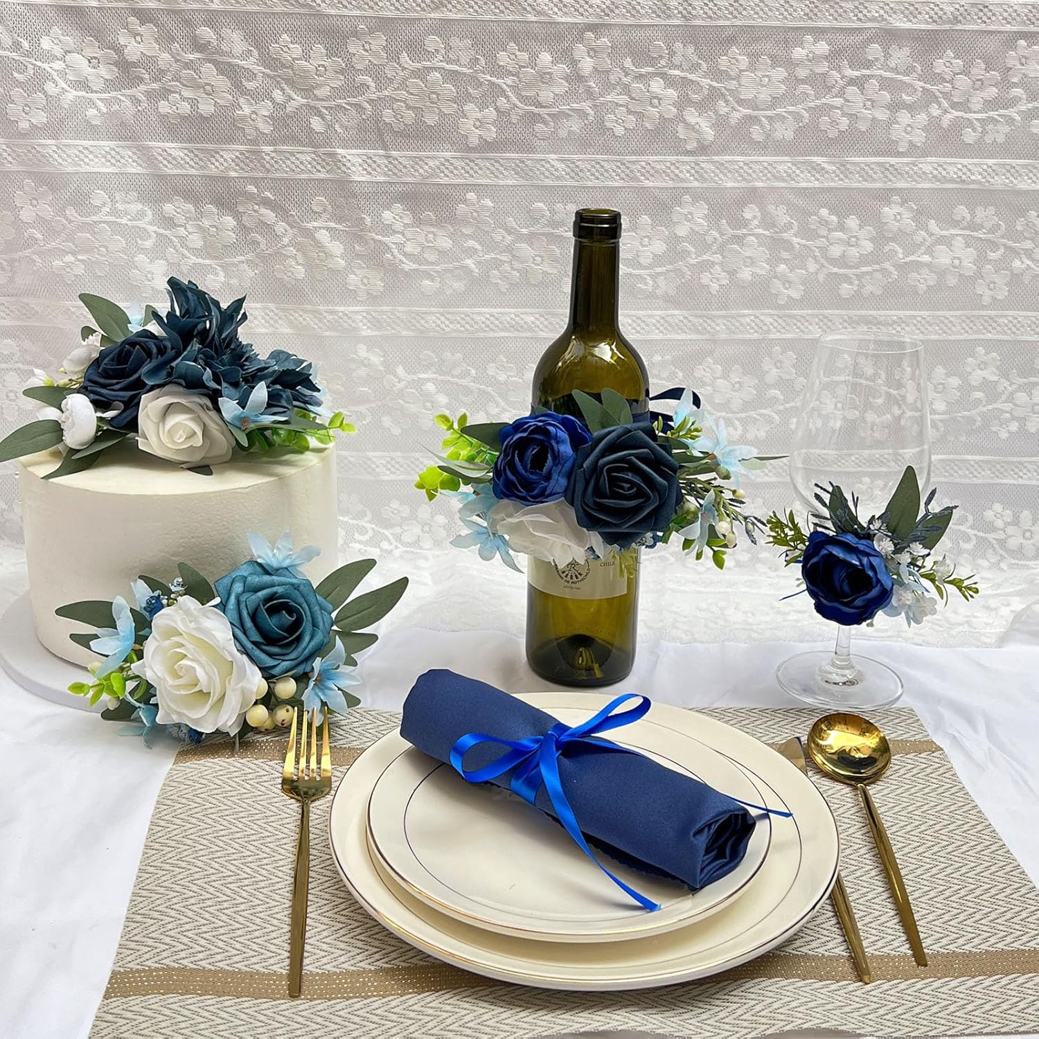 CherishedMoments 6Pcs Wine Cup Flower Set, Dining Tables, Plates Decorations，Navy Blue Artificial Flowers Wine Cup for Wedding Ceremony Anniversary, Wedding Home Decor (Blue)