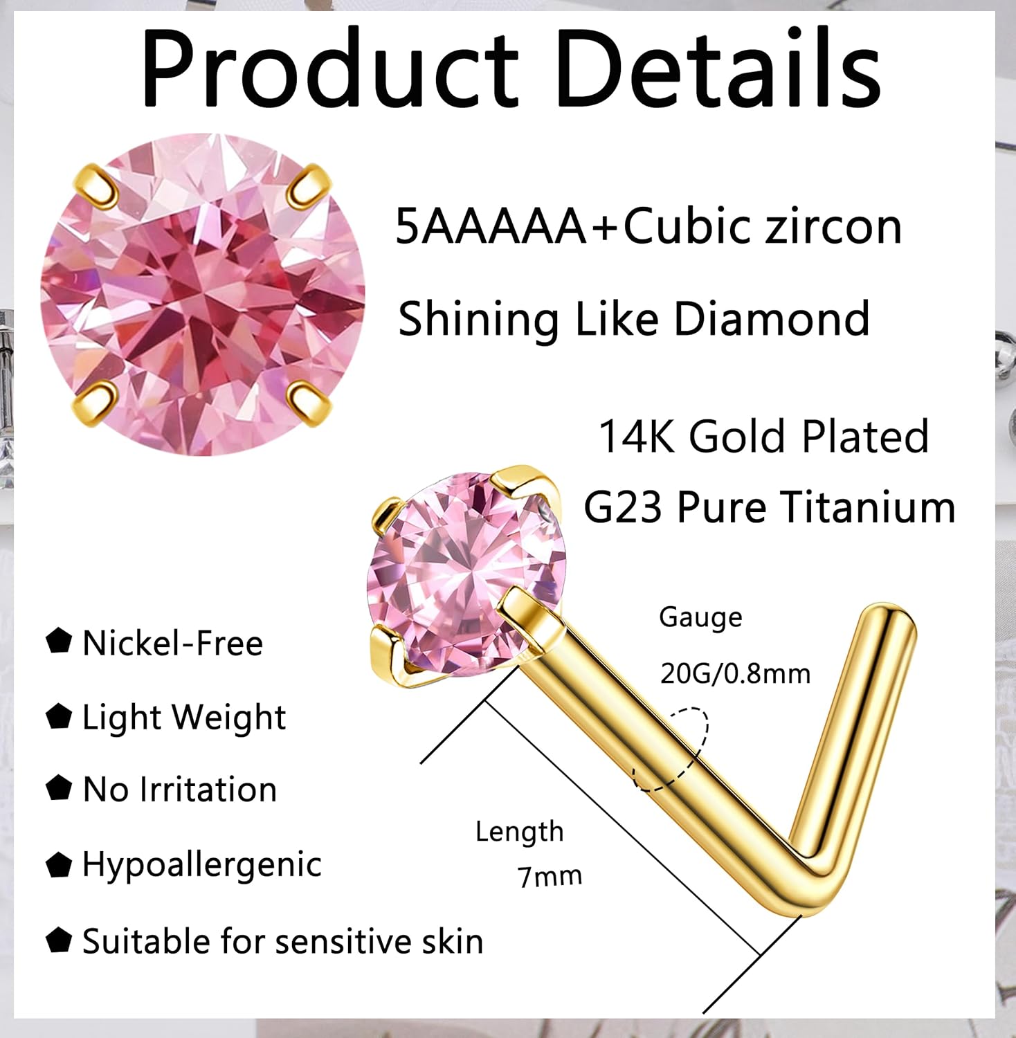 2mm 14k Gold Plated G23 Titanium L Shaped Nose Rings Studs for Sensitive Skin Hypoallergenic 20g Round Cubic Zircon Handmade Titanium Thin Nose Rings L Shaped Nose Piercings Studs for Women - Image 3