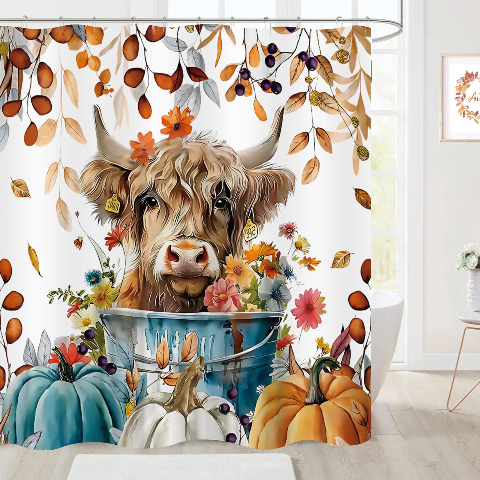 ZCHOMI Fall Highland Cow Shower Curtain Pumpkin Autumn Leaves Floral Farmhouse Thanksgiving Bathroom Curtains Waterproof Polyester Fabric Bath Curtain