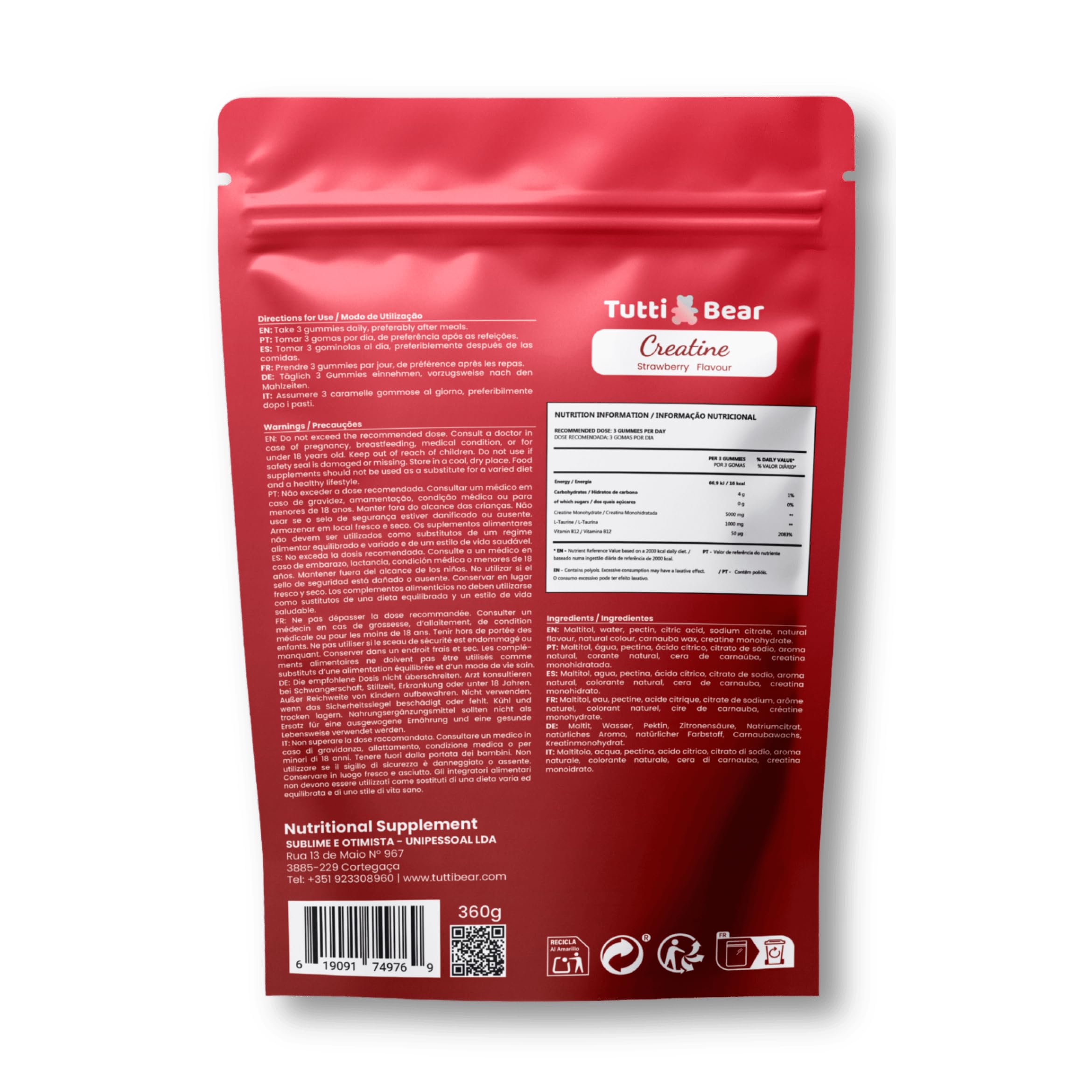 Gominolas de Creatina – 5000 mg Creatina Monohidratada con L-Taurina y Vitamina B12 – Sabor Fresa Natural – Sin Azúcar – Para Energía y Recuperación Muscular