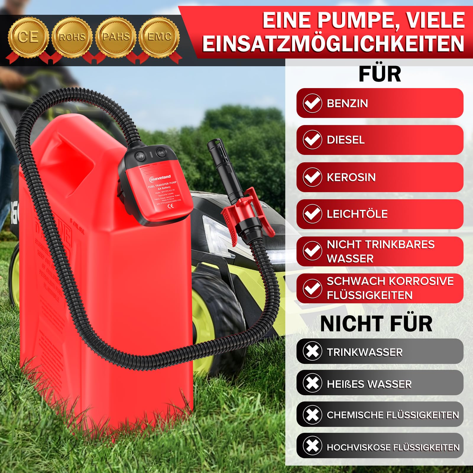 moveland Benzinpumpe Für Kanister mit Auto-Stopp und 4 Adaptern