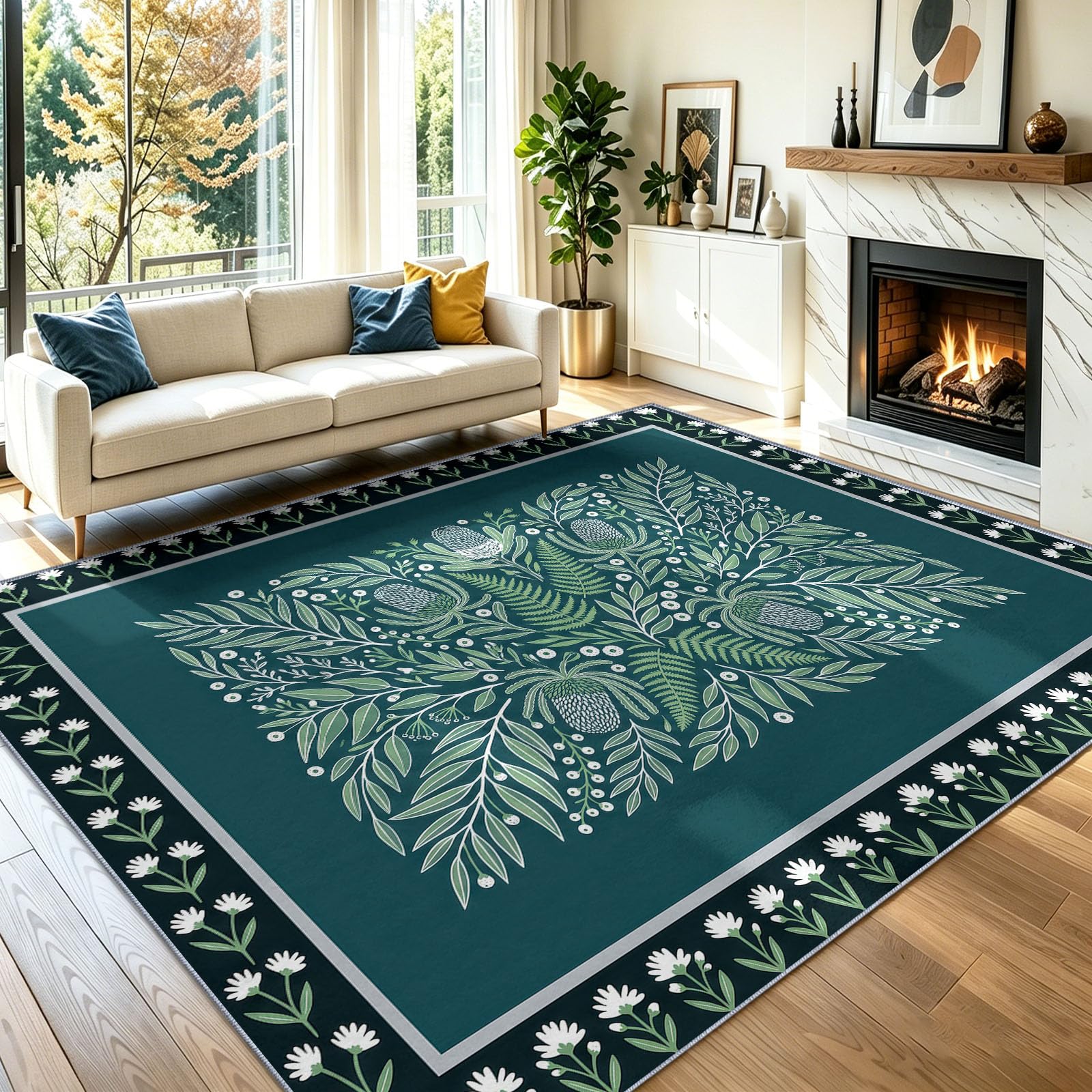 Nature Style Scandinave Tapis Salon, Fougères Feuilles Fleurs Pissenlits Imprimé Moquette Chambre Meubles Décor, Vert Foncé Résistant Aux Taches Facile À Nettoyer Support en Caou Tapis, 100 x 150 cm