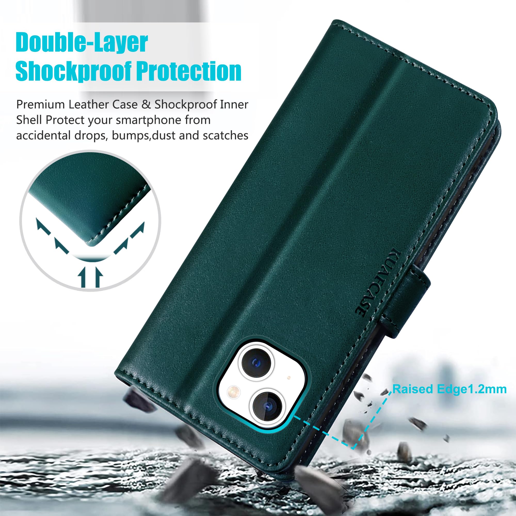 Kuafcase Compatible for iPhone 13 Case with 4 Card Slots Magnetic Closure Kickstand Shockproof Protective Phone Case Compatible for iPhone 13 - Image 3