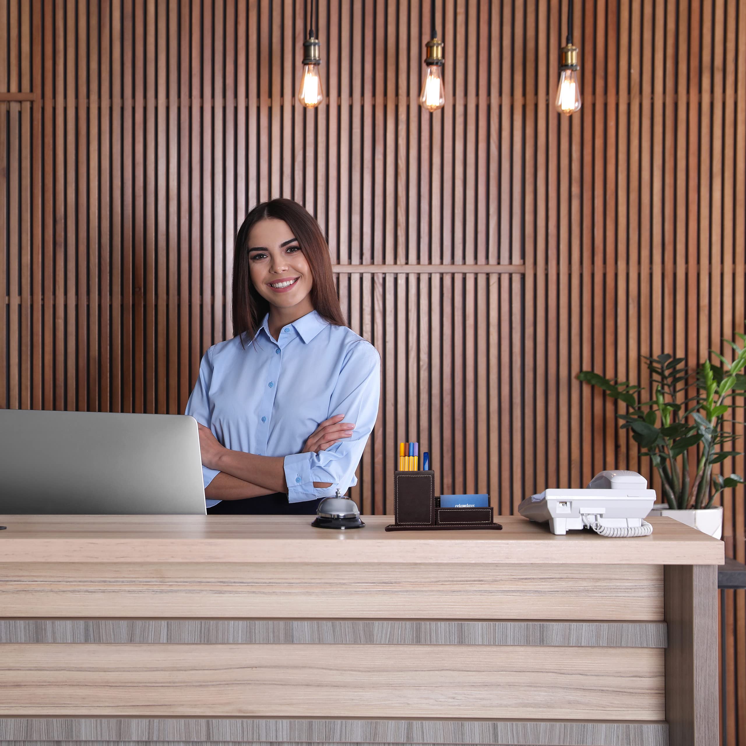 Relaxdays Porta Biglietti da Visita da Scrivania Organizer Ufficio, Portapenne in Similpelle, HLP: 10,5x20x10 cm, Nero