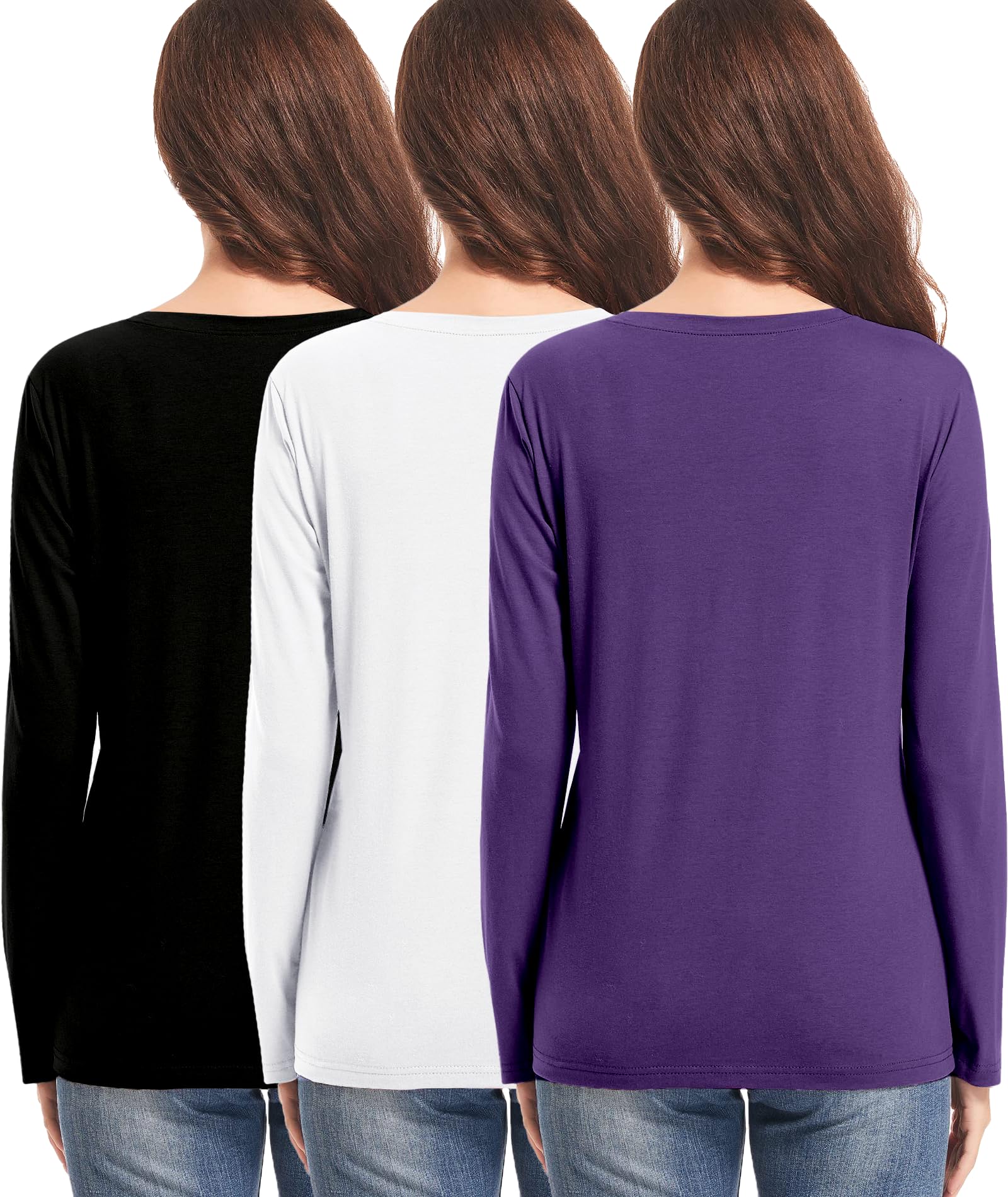 Paquete de 3 Camisetas de algodón de Manga Larga y Corta para Mujer, Camisetas de Entrenamiento para Mujer, Camisetas básicas Ajustadas, Lisas, Cuello Redondo, Negro/Blanco/Morado, S