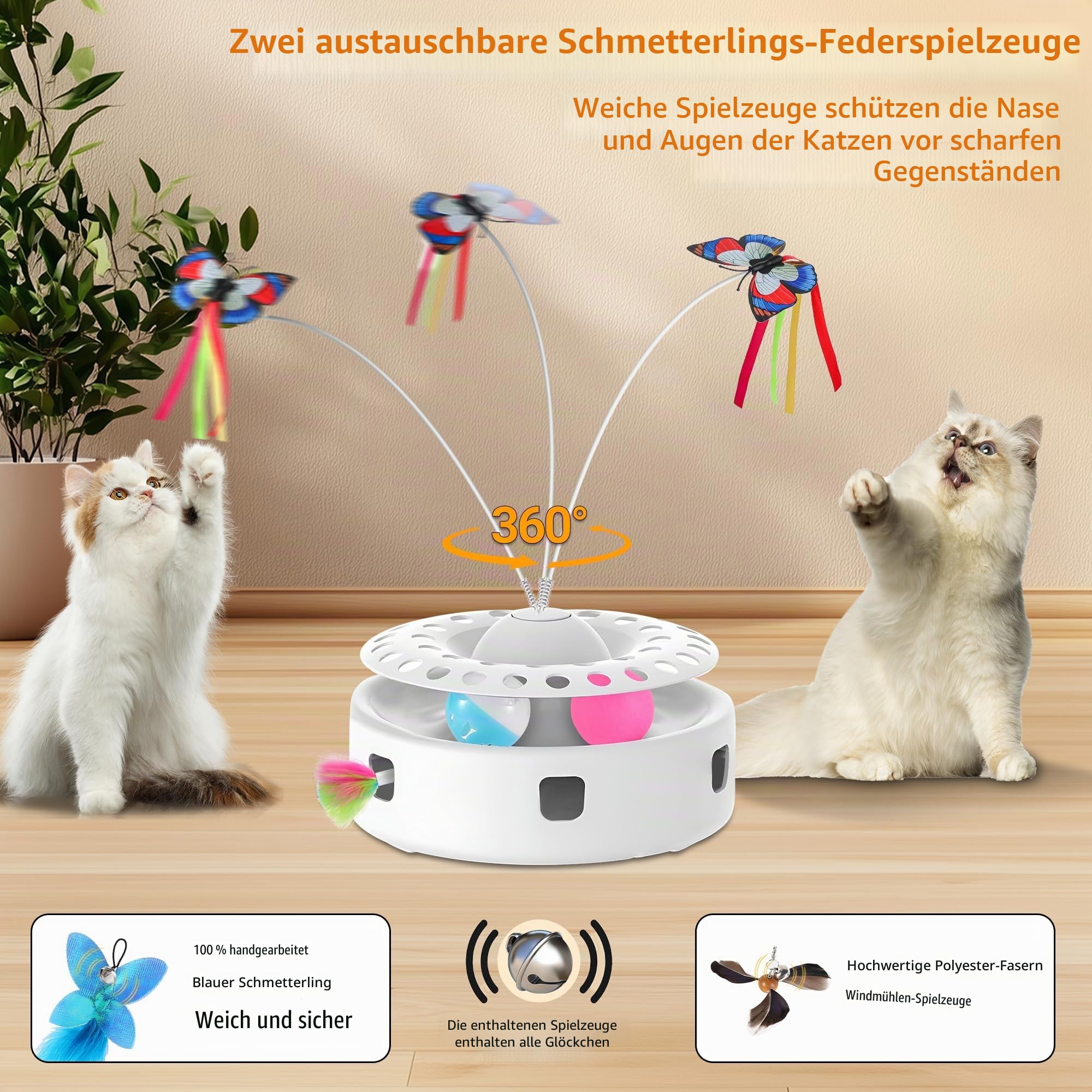 Soarer Katzenspielzeug 3 in 1 automatisches interaktives Katzenspielzeug, Fliegender Schmetterling, Fliegende Feder, mit 4 austauschbaren Zubehör, Touch Rolling Ball, Dual Power Mode