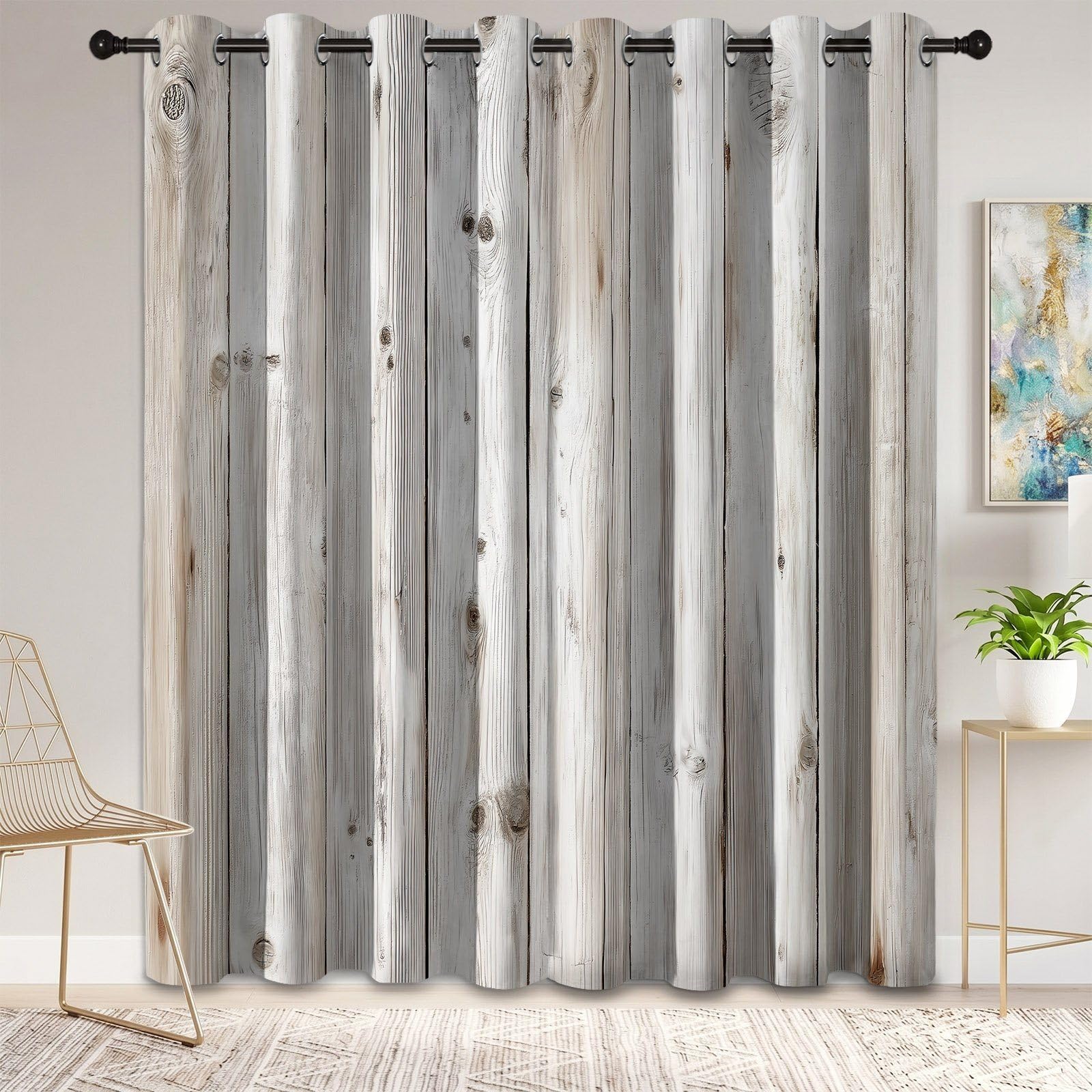 Biało-brązowe zasłony zaciemniające do salonu, 229 cm, zasłony wiszące do sypialni, shabby chic, izolacja termiczna, redukcja hałasu, zasłony z oczkami, 140 x 229 cm, 2 panele, tekstura deski z