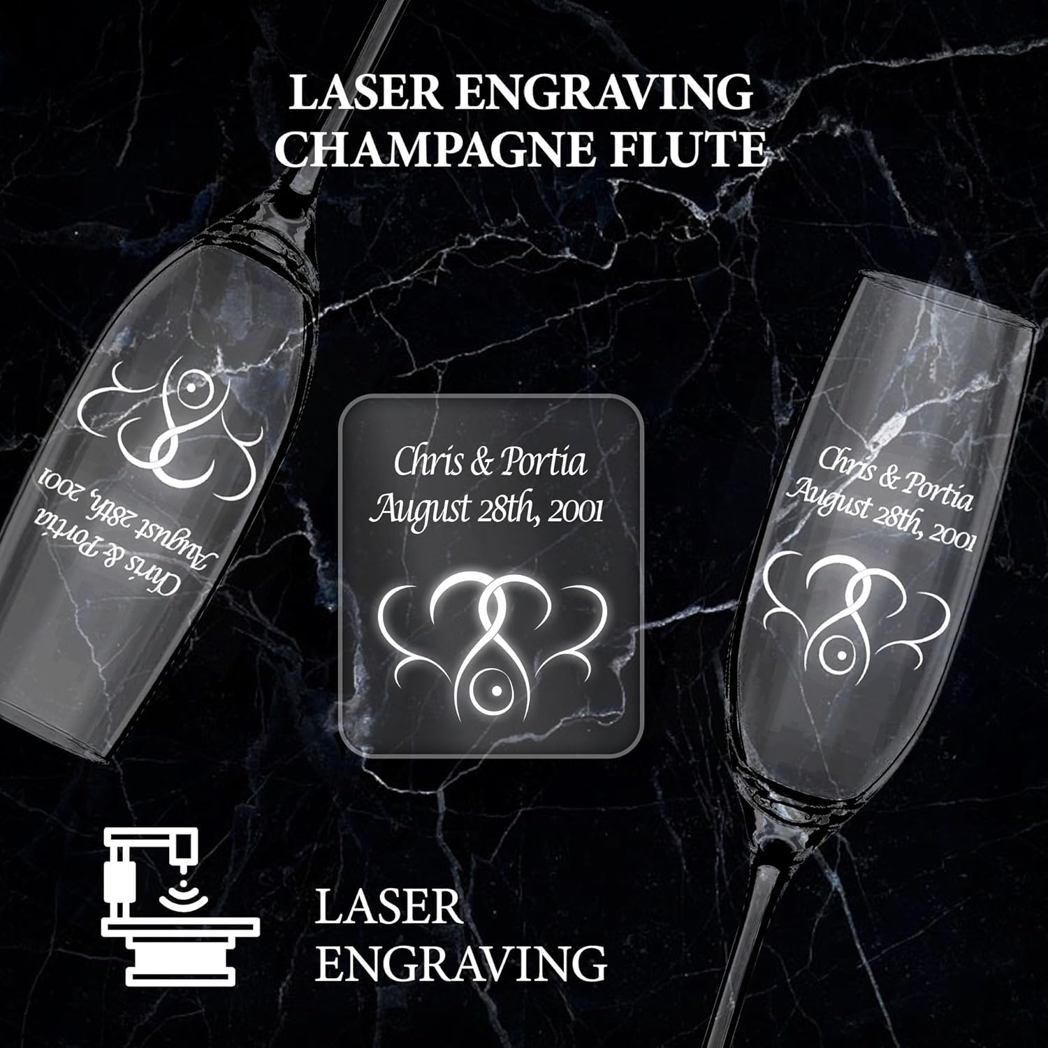 Personalized Champagne Flutes Set of 2, Wedding Gifts for Bride and Groom with Couple's Names and Date, Interlaced Hearts, Customized Champagne Flutes, Modern Toasting Glasses