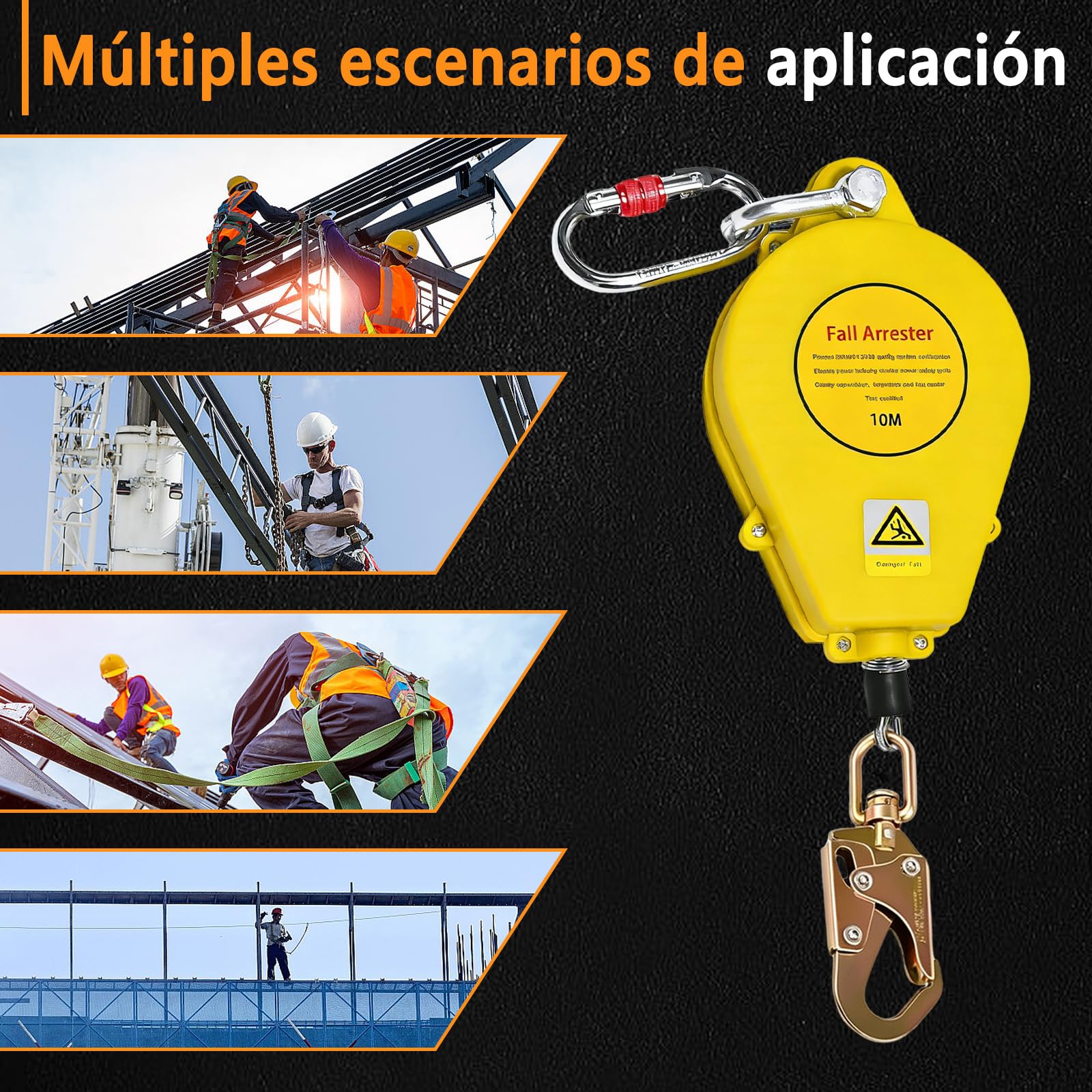 Dispositivo Anticaidas Retráctil Seguridad 10m, Línea de Vida Autorretráctil con Gancho Giratorio de 360°, Arnés Seguridad Más Anticaida para Tejados Capacidad de Carga de 150 kg (Amarillo)