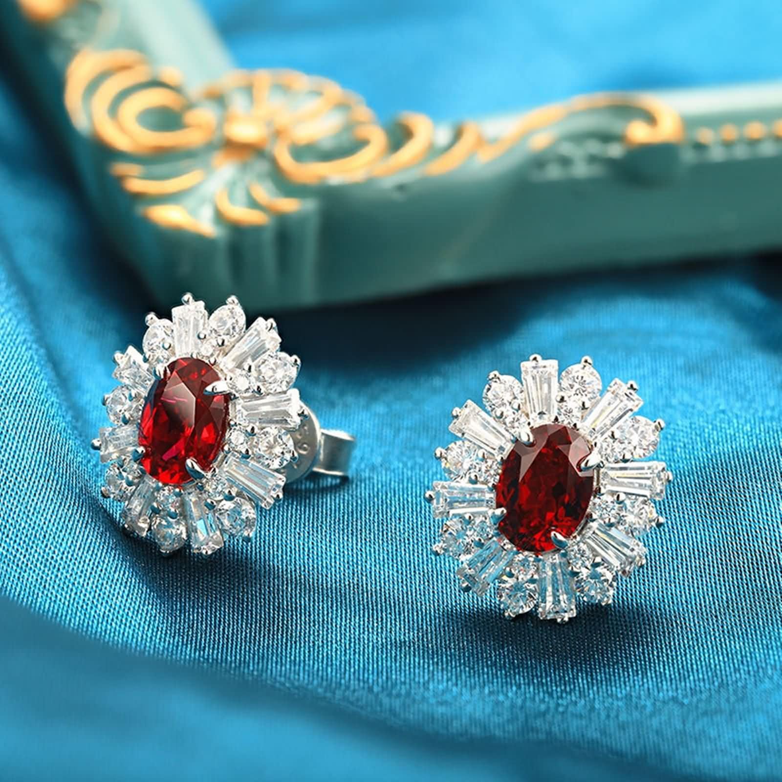 Ohrringe Hochzeit Damen 9K / 14K / 18 K Weißgold, 5x7MM Oval mit Erstellter Rubin 3,81 Karat und Moissanit, Hochzeit Damen Ohrringe Silber Rot