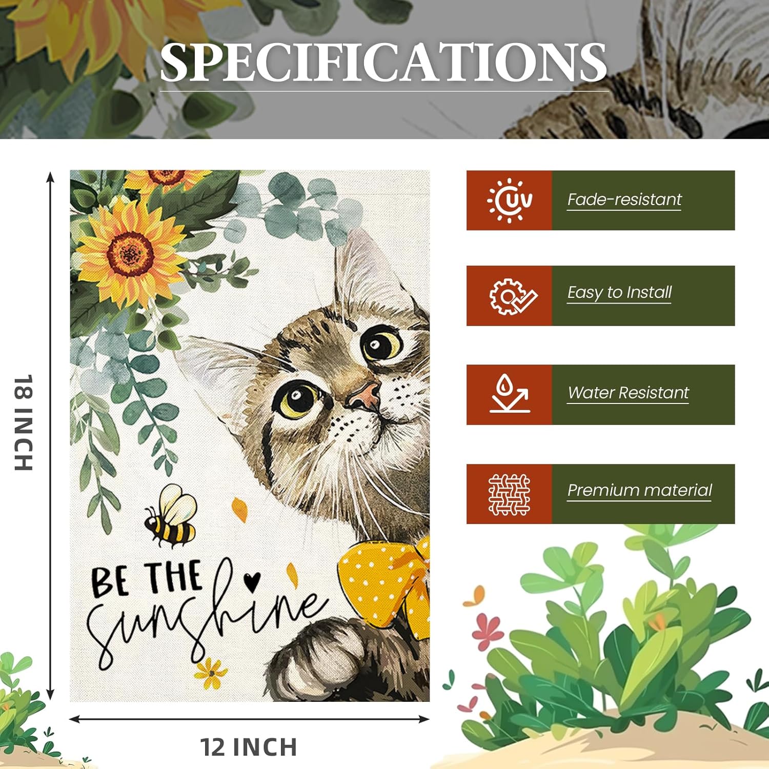 Spring Cat Garden Flag for Outside 12x18 Double Sided,Be The Sunshine Cat with Sunflowers Small Yard Flags,Summer Seasonal Decor for Farmhouse Holiday Outdoor - Image 6