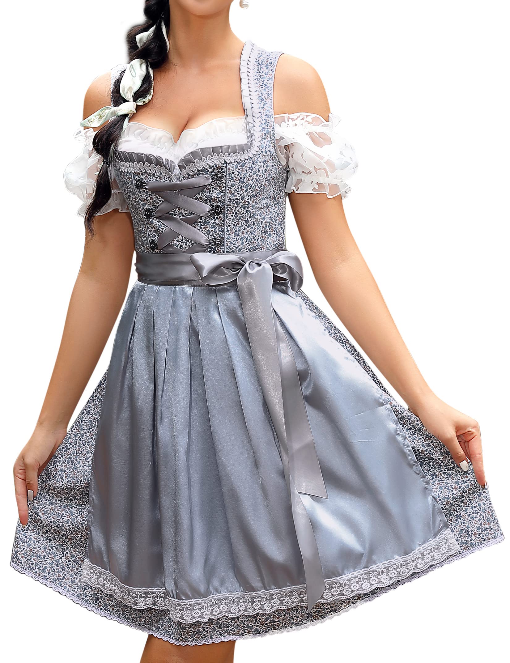 KOJOOIN Abito Donna Dirndl Bavaria Oktoberfest Set 3 Pezzi Camicia e Grembiule Dirndl Manica Corta Grembiule Bavarese Oktoberfest Cameriera Abiti da Festa