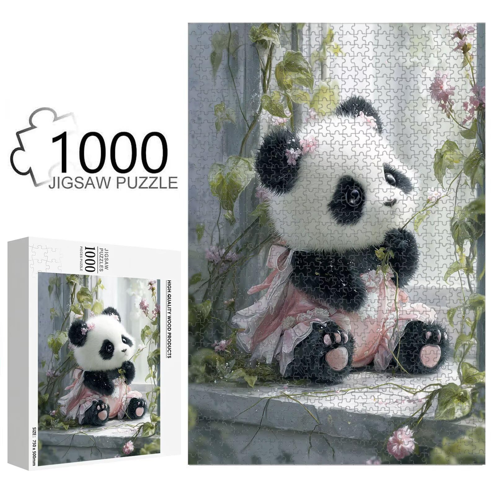 1000 elementów, puzzle dla dorosłych, panda i kwiaty, drewniane puzzle 1T#2455 | Drewniana konstrukcja, precyzyjne cięcie, jasne kolory, statyczne hobby, relaks, dekoracja domu, prezent, 50 x 75 cm