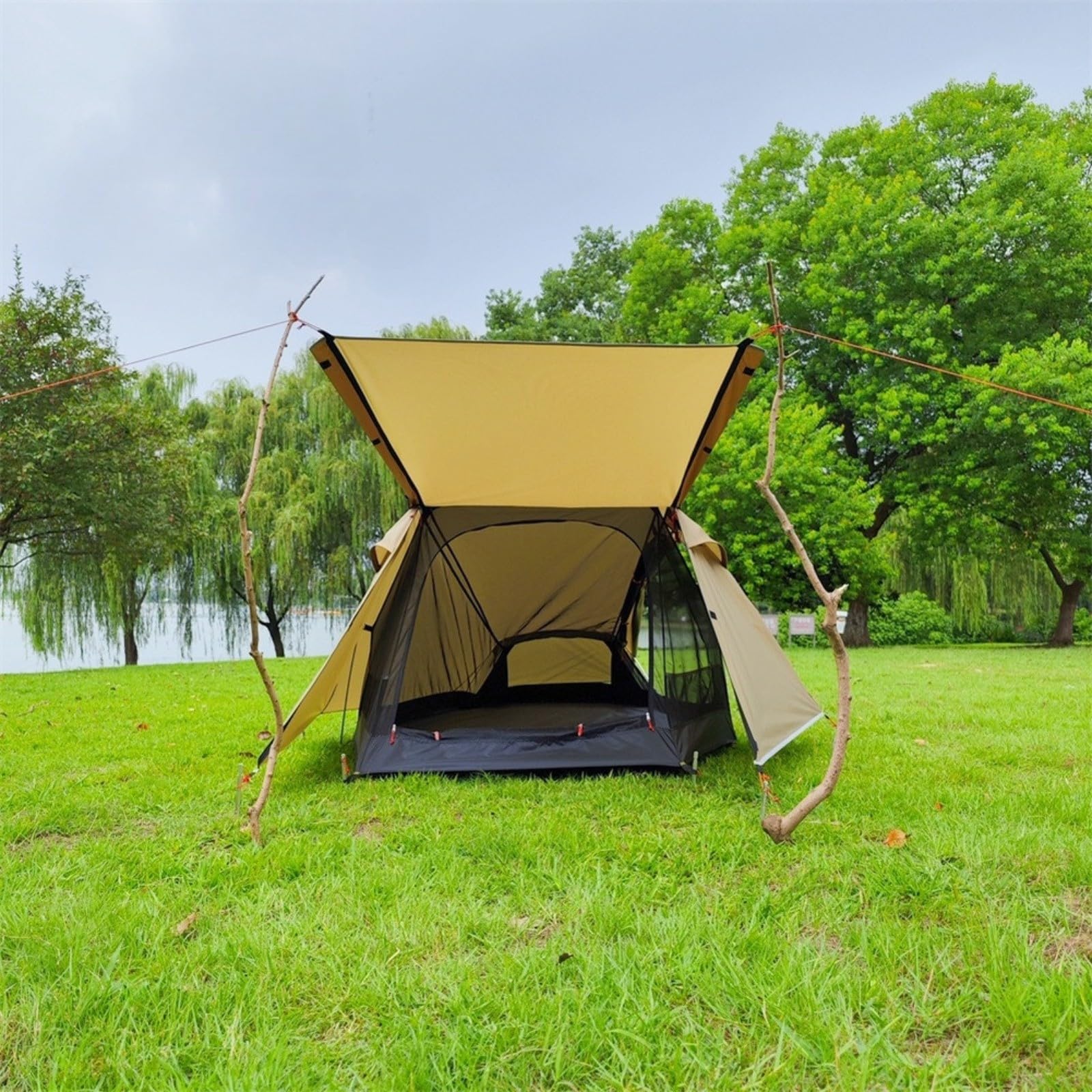 Leichtes 2-Personen-Tunnel-Campingzelt, sturmfestes Aluminium-Stangen-Design mit zwei Türen zum Wandern und Rucksackreisen, Grün