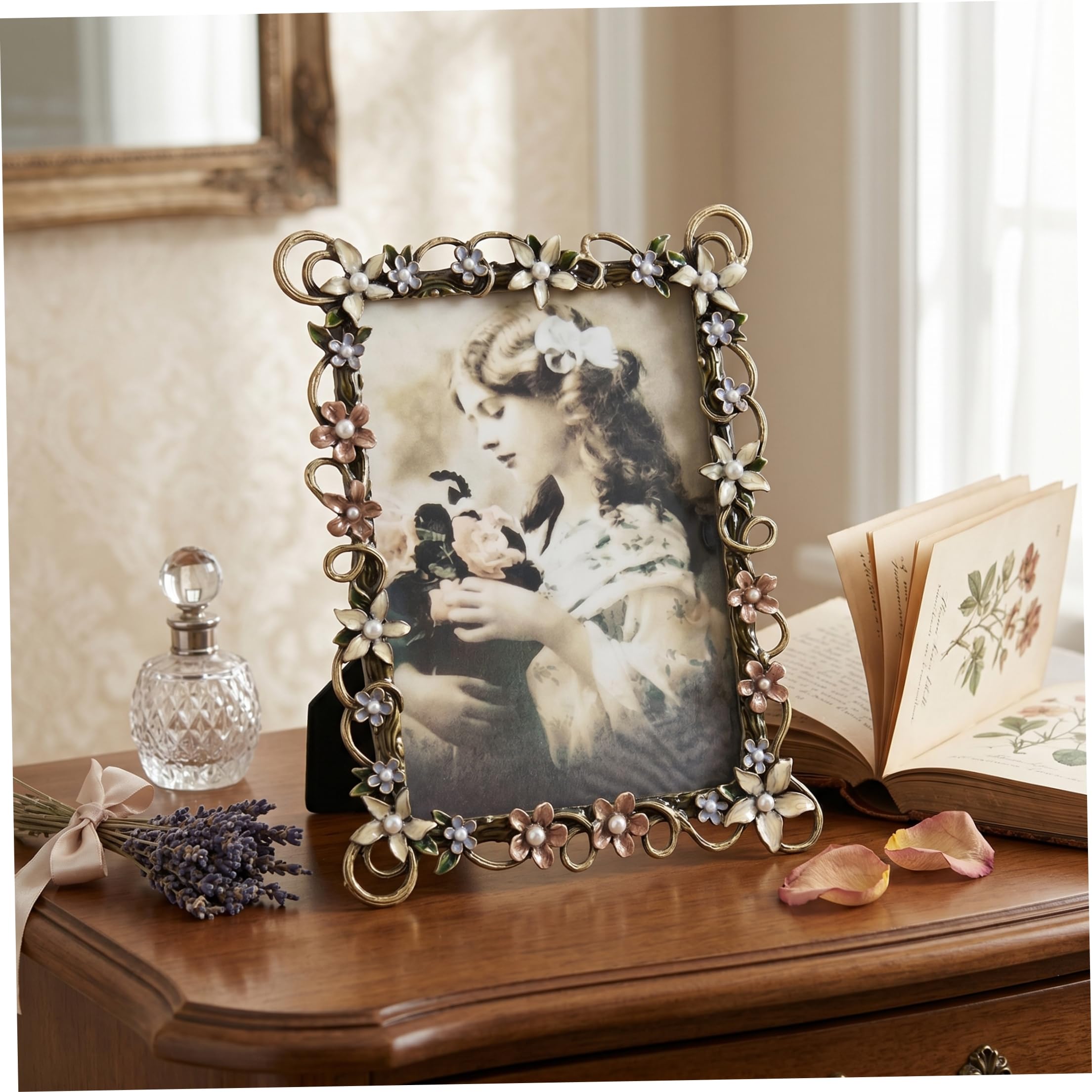 Floral Picture Frames, Enamel Decorative Picture Frames Vintage Ornate Metal Flower Frame for Home & Office Tabletop Display, 7X5 Inch, Summer Decor