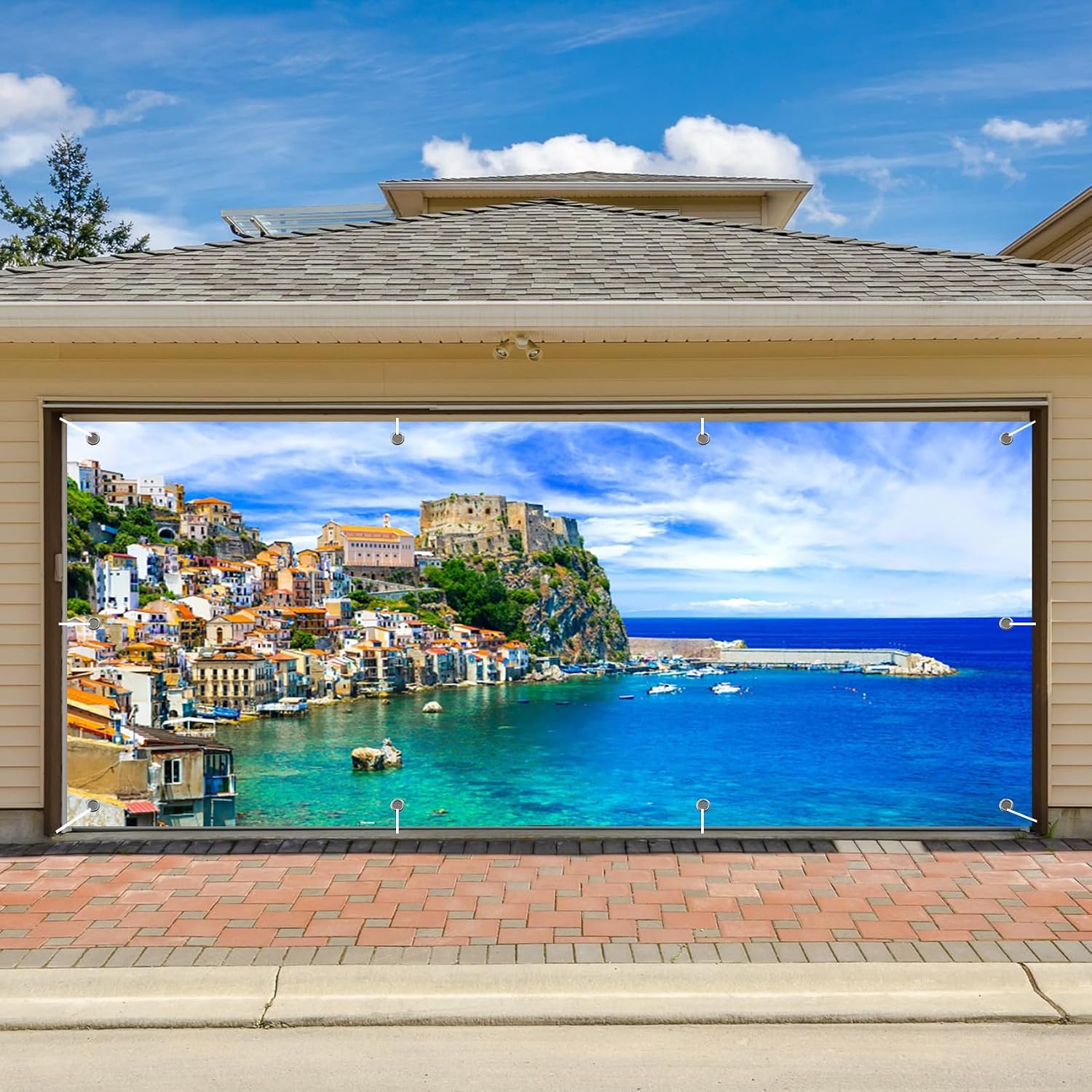 6x13ft Beautiful Coast View Garage Door Decorative Banner Seaside City View Shoreline Architecture Outdoor Garage Decorative Mural Romantic Holiday Photo Wallpaper Props