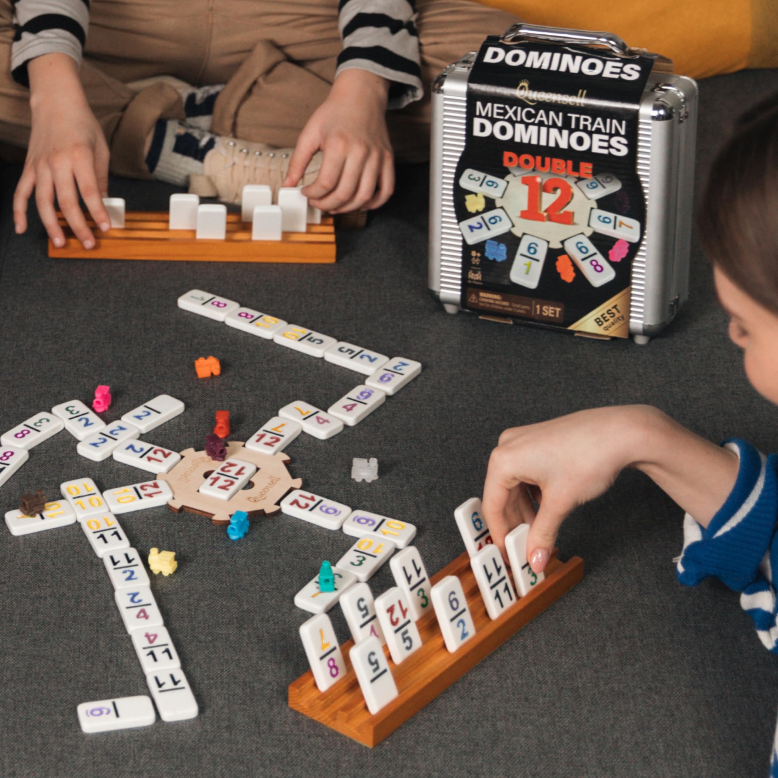Queensell Jeu de Dominos Train Mexicain avec Chiffres, Jeu de Dominos Double 12 pour Adultes, Train de Domino Mexicain pour Adultes et Famille – Jeu de Dominos 91 Pièces avec Étui en Aluminium