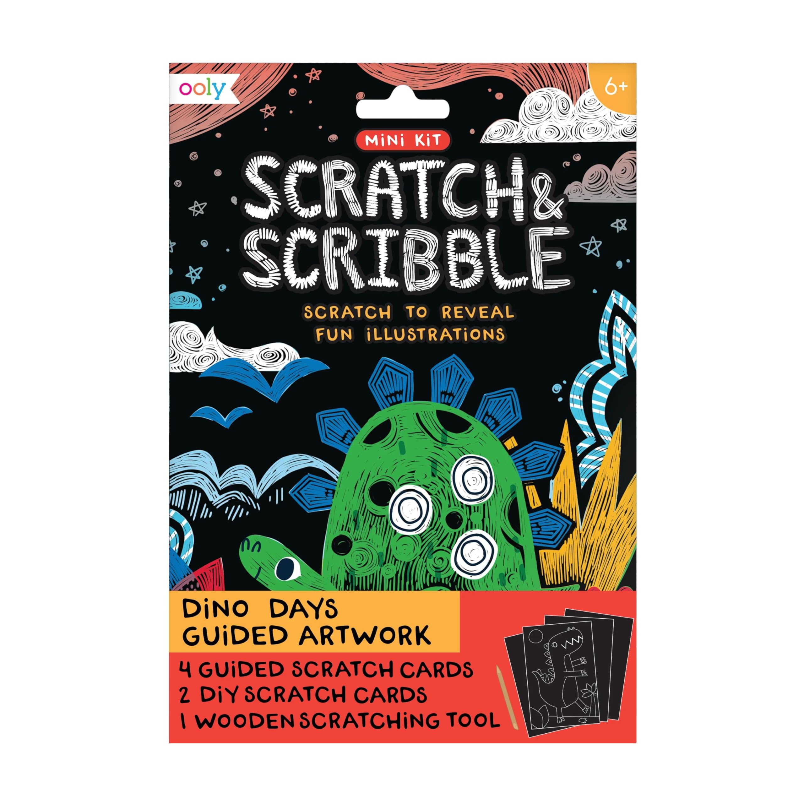 Ooly Mini Scratch & Scribble Art Kit - 6 Card Rainbow Scratch Art Set for Kids, Travel-Friendly Craft Kit, Wooden Tool Included - Dino Days