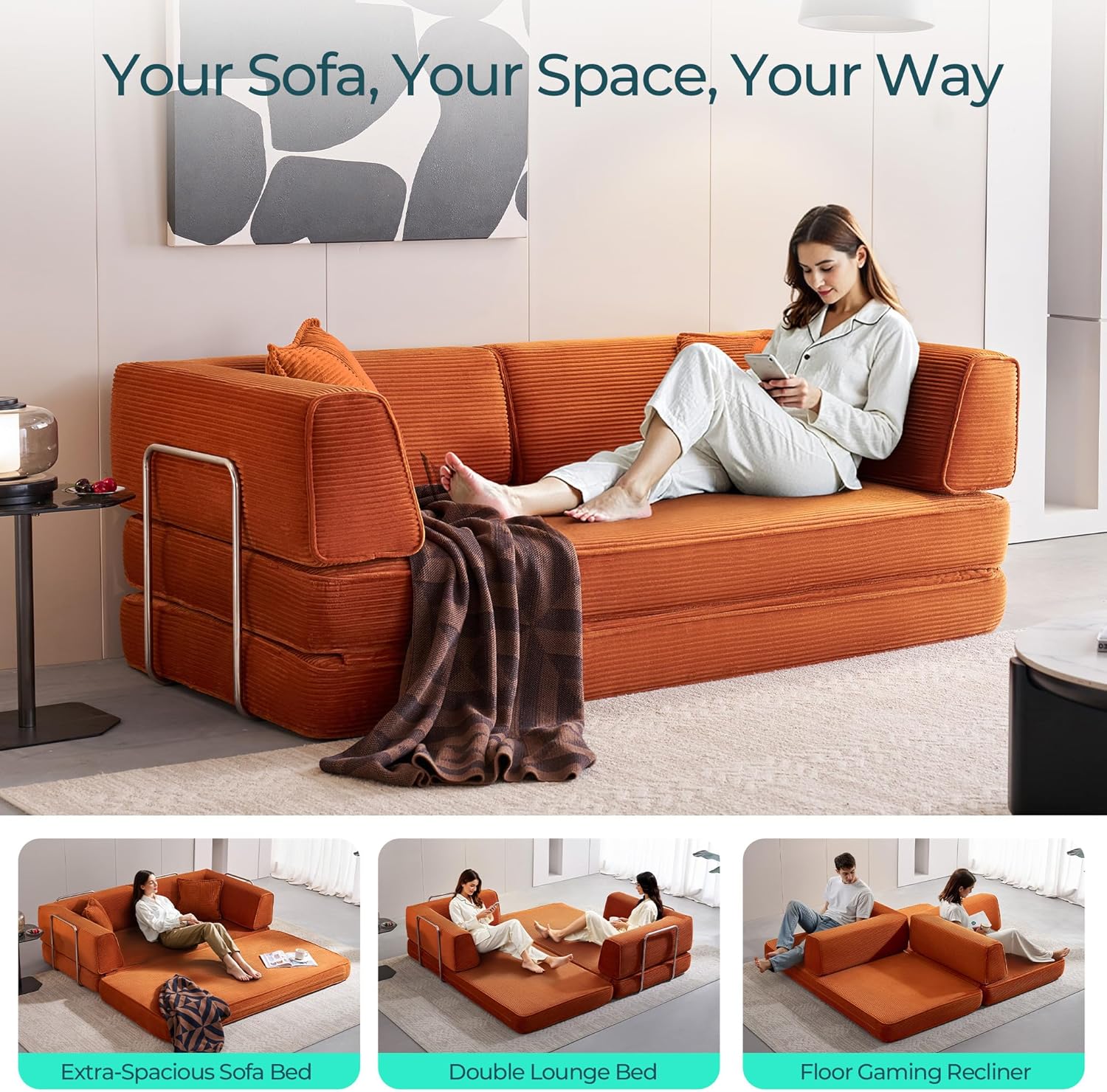 LINSY HOME Sofa Bed Couch - Convertible Boneless Couch Bed with 2 Pillow (Orange) | Folding Sofa Bed, Corduroy Material, No Assembly, Compressed Sofa, Couch in a Box