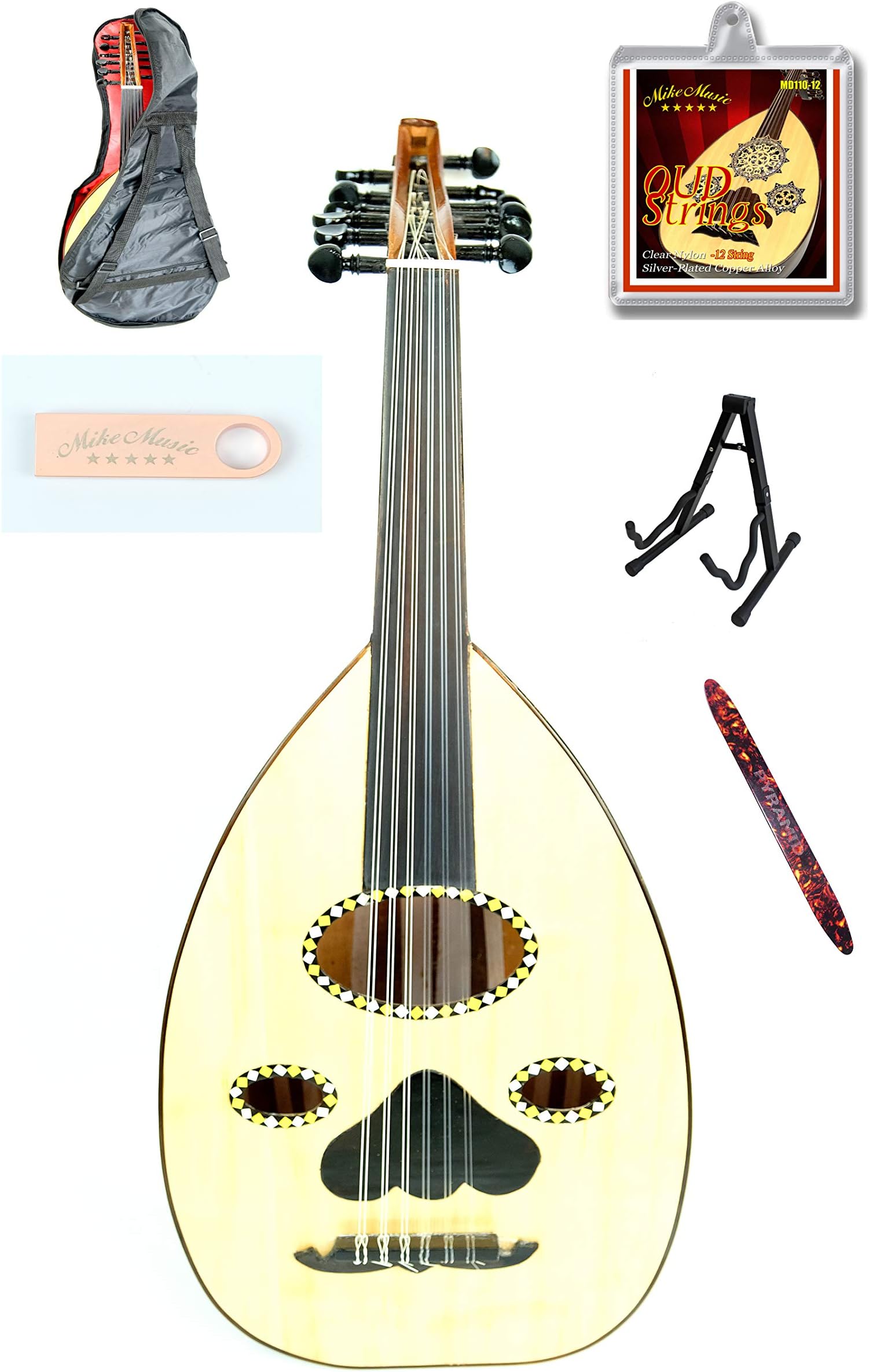 Mike Music OUD Wooden Musical Instrument-Handmade Arabic OUD musical instrument with soft case, extra 12 strings, plucked strings, stand, 32GB usb Oud instructional video Arabic (natural Oval 03)