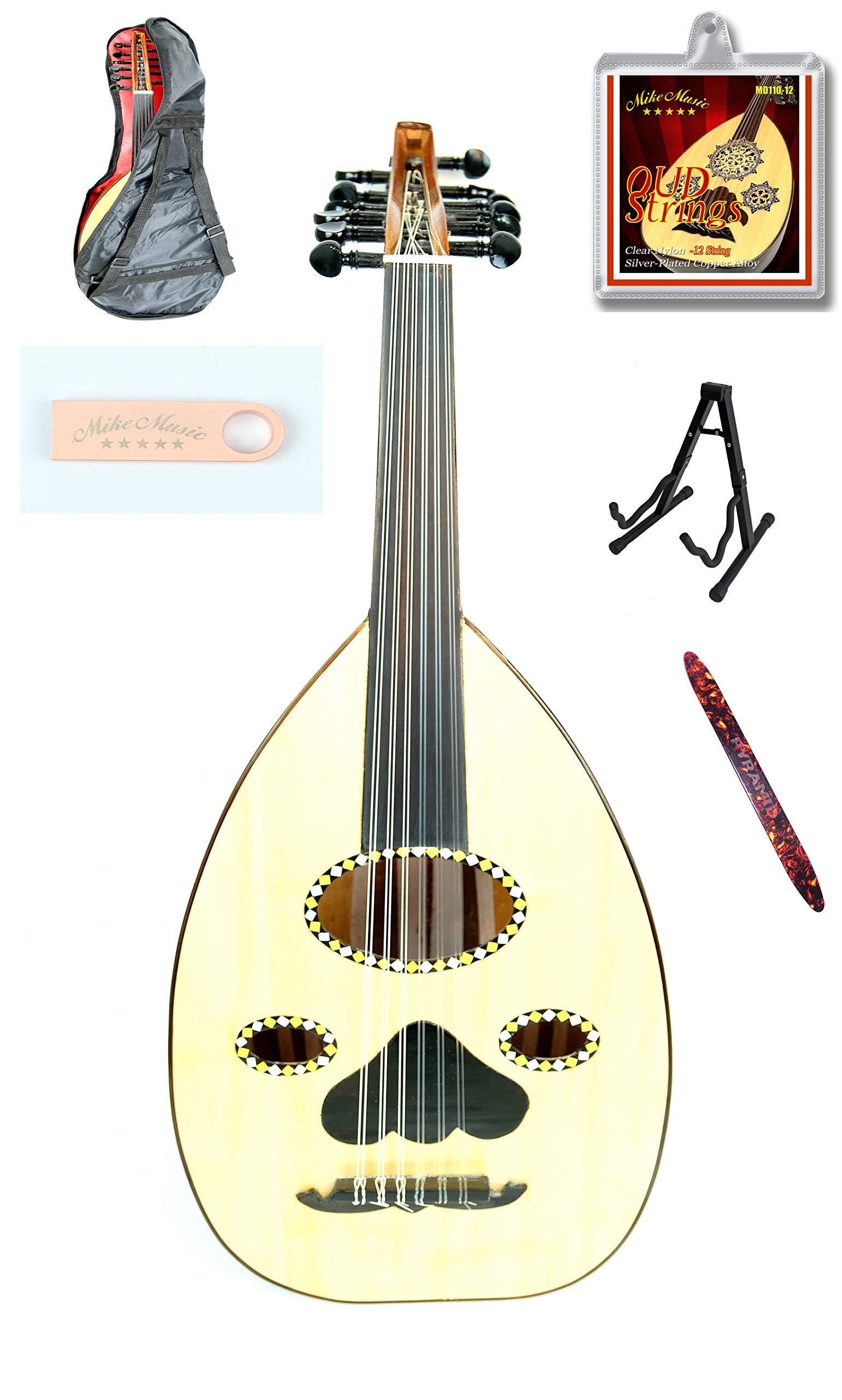 Mike Music OUD Wooden Musical Instrument-Handmade Arabic OUD musical instrument with soft case, extra 12 strings, plucked strings, stand, 32GB usb Oud instructional video Arabic (natural Oval 03)