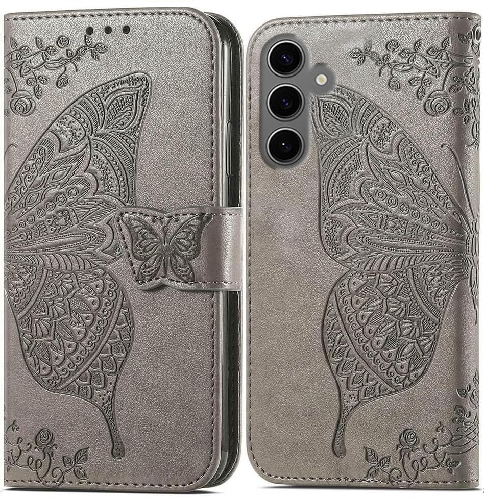 Image of ClickCase Butterfly Series for Samsung Galaxy M35 5G Leather Embossing Wallet Flip Case Kick Stand Magnetic Closure Flip Cover for Samsung Galaxy M35 5G (Grey)