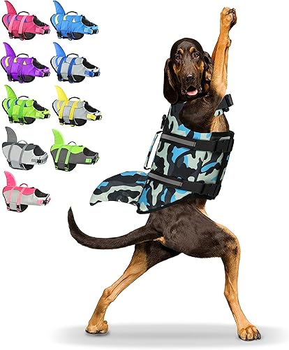 Vista 12 de Fragralley Chaleco salvavidas para perros, tiburón, ajustable, antidesgarros, chaleco de seguridad para nadar con flotabilidad superior y asa
