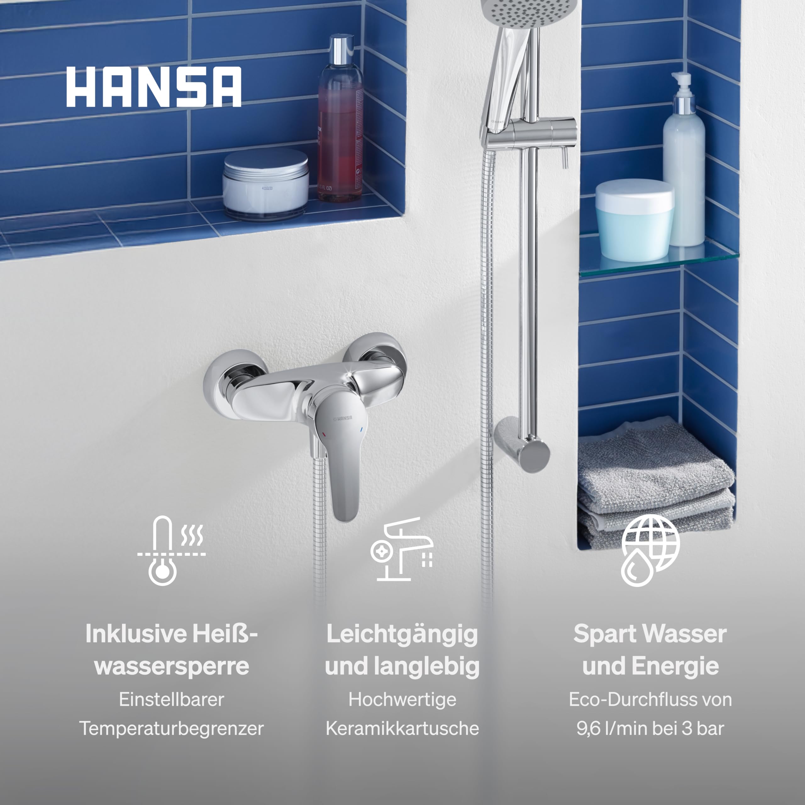 HANSA MIX Duscharmatur I Wassersparender Einhebelmischer mit Wasserbremse I Mischbatterie Dusche mit Temperatur- und Wassermengenbegrenzer I G 1/2 Standard-Anschluss für Duschkopf mit Schlauch | Chrom