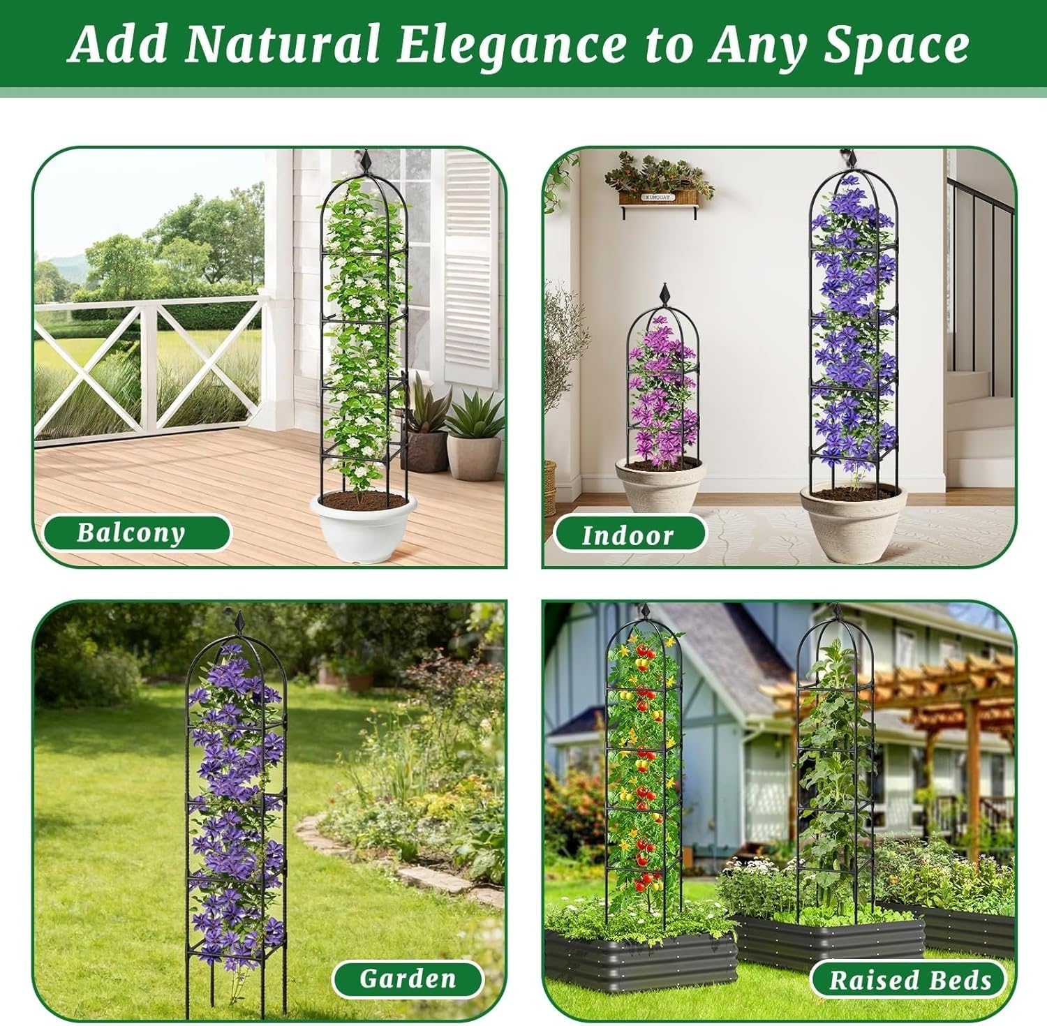 LATERN 1 Stück Garten Obelisk Spalier für Kletterpflanzen, 180CM Hoch Rostfrei Beschichtete Metall Pflanzenstütze Rankgitter Rahmen für Töpfe Pflanze Rose Tomate Gurke Blumen Traube Erbse (Schwarz)