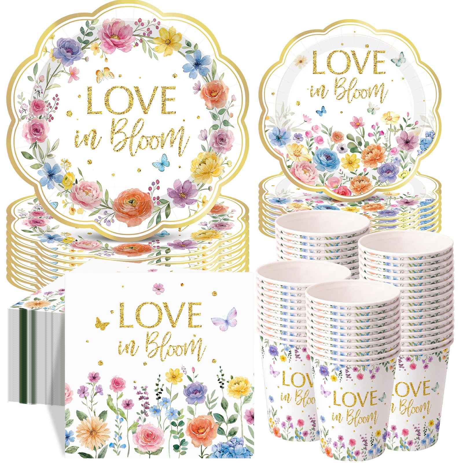 Pickmesh 250 Pcs Love in Bloom Bridal Shower Disposable Tableware Set Floral Love in Bloom Disposable Paper Plates Napkins and Cups for Wedding Party Supplies Bridal Shower Engagement, Serve 50 Guest
