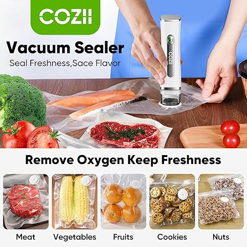 Miniatura 9 de COZII Sellador al vacío compacto para alimentos con 30 bolsas reutilizables, potente máquina selladora al vacío de mano con tanque de agua visible