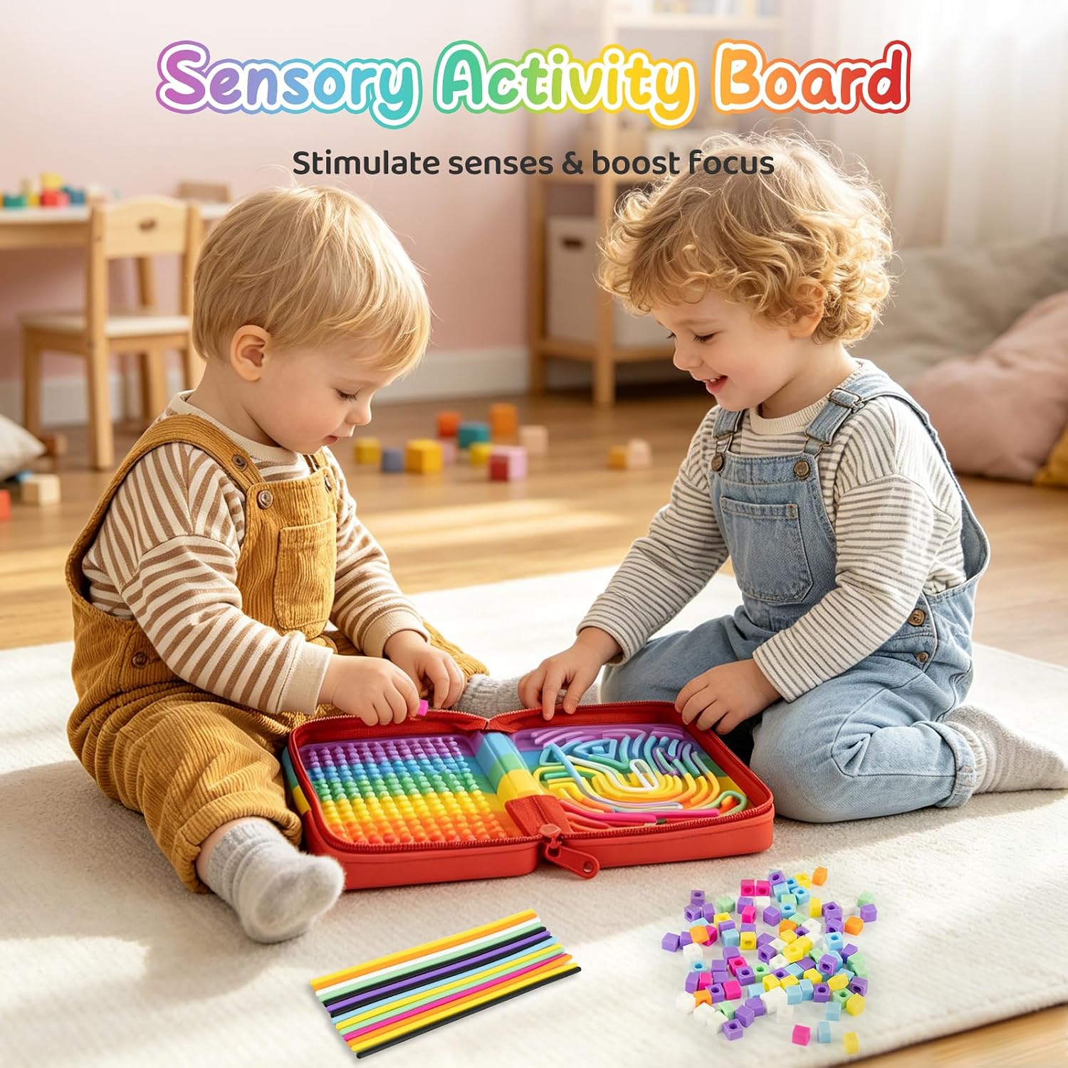 Sensory Activity Board for Kids with Zipper Case, 3-in-1 Rainbow Silicone Portable Travel Fidget Toy for Kids Toddlers 3+, Autism ADHD Calming Toy for Fine Motor Skills Development