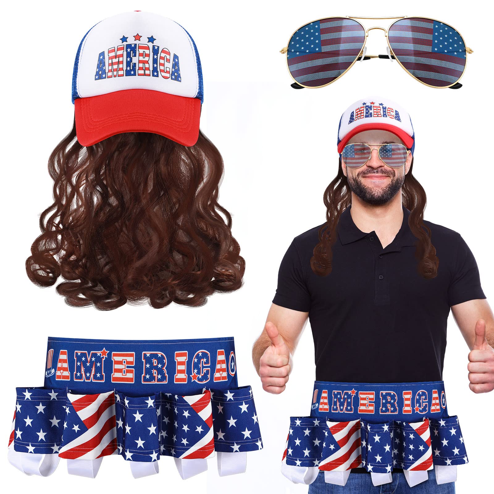 Mepase 3 Pcs 4th of July Accessories Mullet Wigs for Men Patriotic Beverage Belt American Flag Sunglasses Mullet Hat Brown Wig Classic Independence