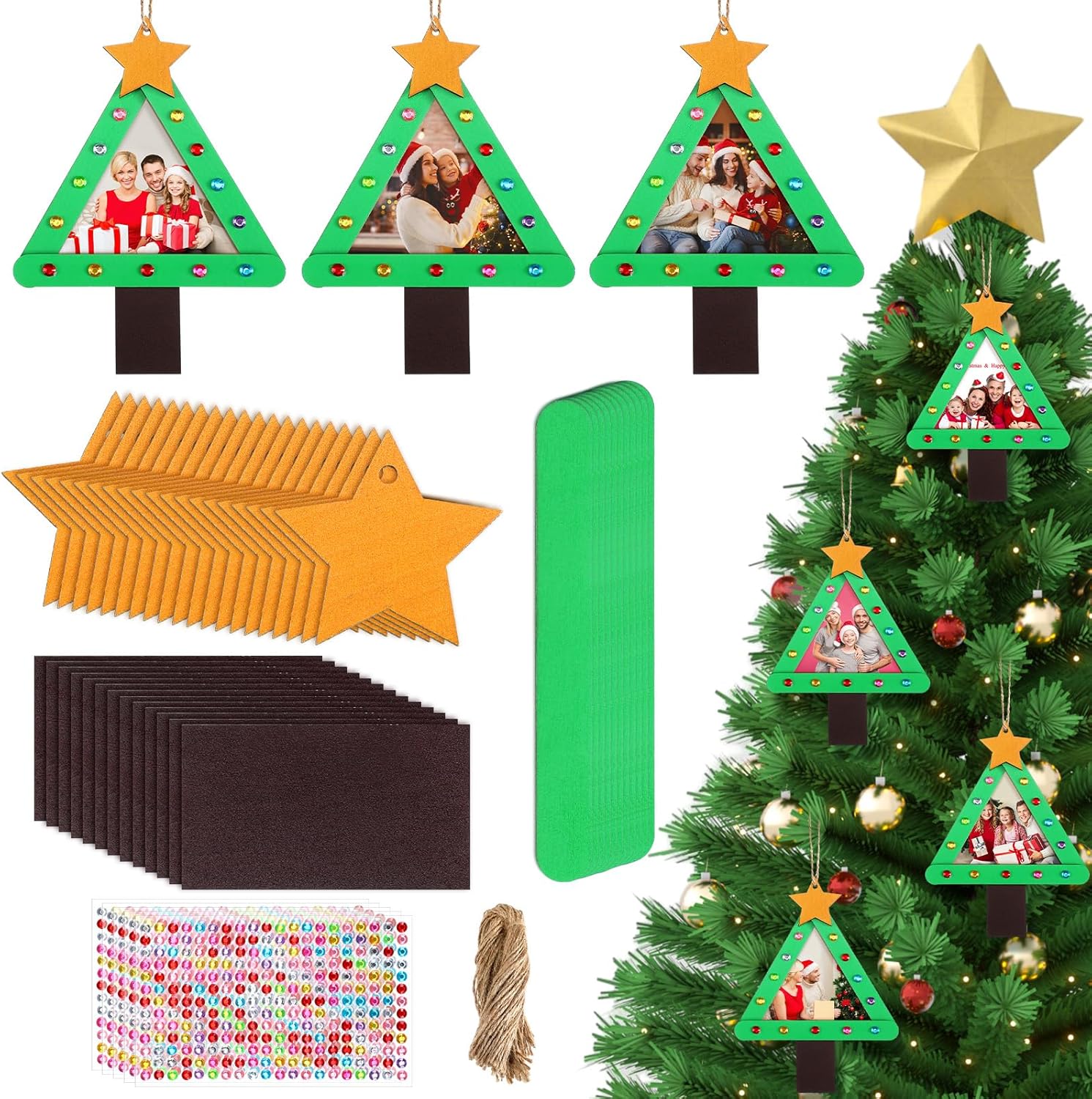 Jetec 48 Sets Christmas DIY Picture Frames Craft Kit for Kids Christmas Tree Photo Frames Ornaments Hanging Wooden Stick Photo Frame Ornament for Xmas Winter Holiday Art Gift Classroom School Home