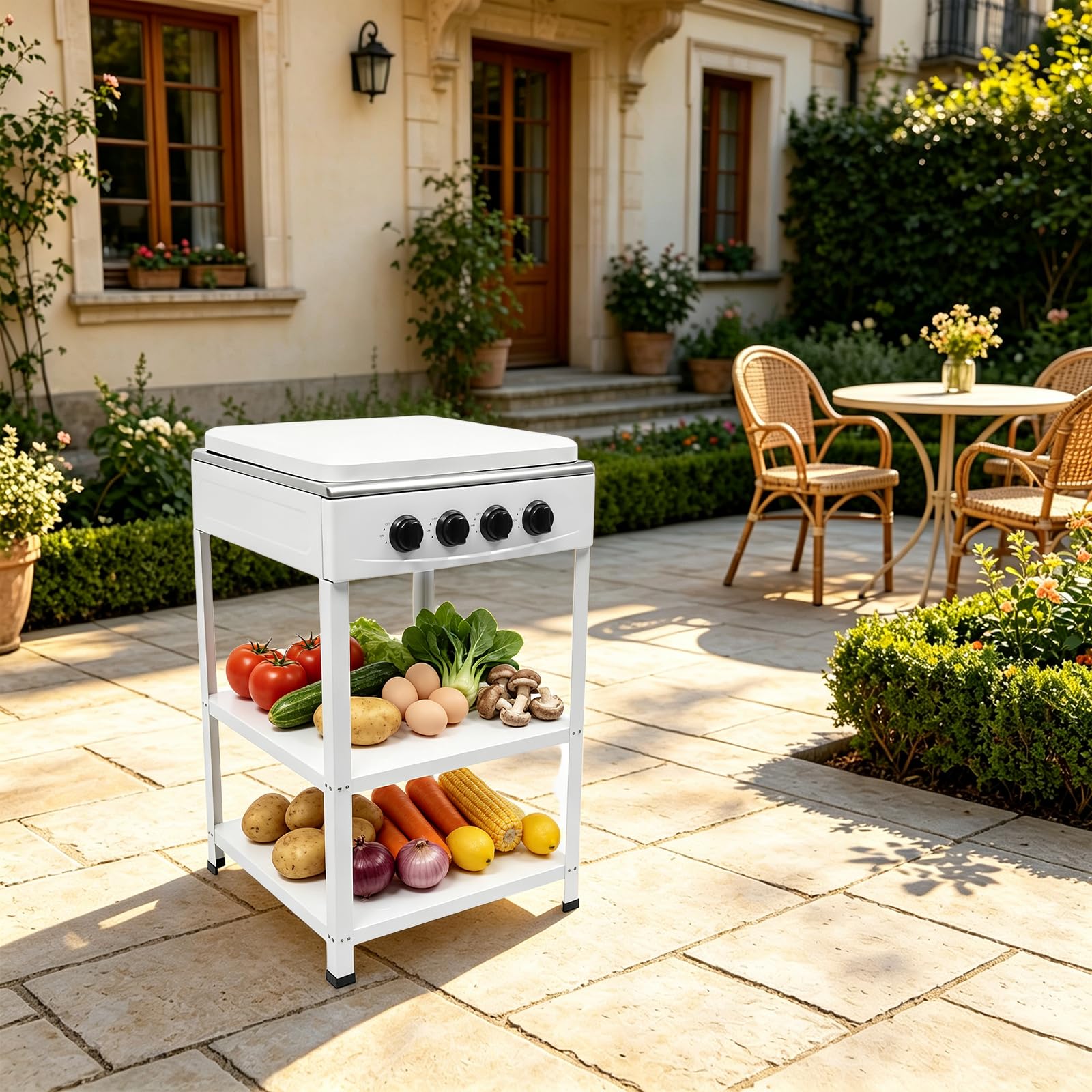 Cuisinière à gaz à 4 brûleurs - Blanche - Pour cuisine et extérieur - Allumage manuel, pare-brise, pieds antidérapants - Idéal pour le camping, le camping-car et la maison