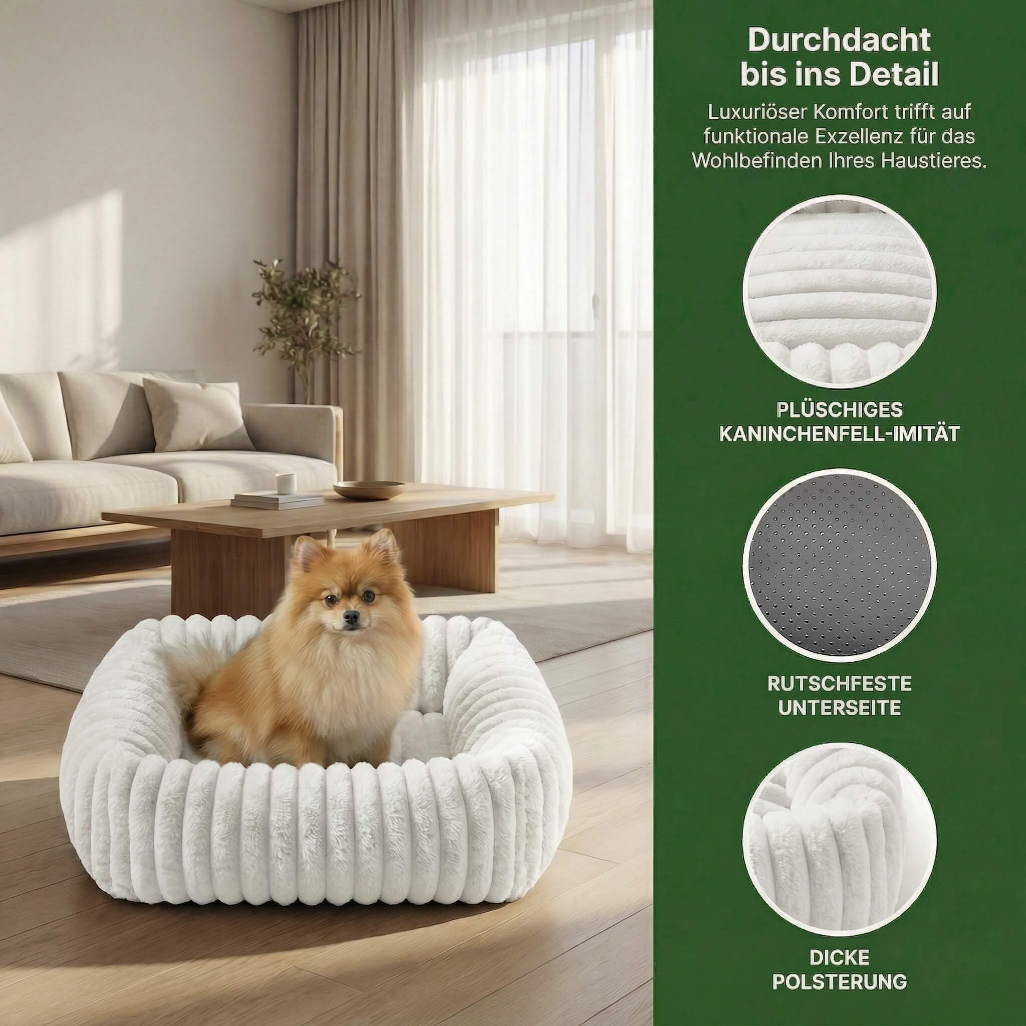 Cama para Perros M 63x53x18cm, Piel Conejo, Antideslizante, Blanca | Para perros pequeños y medianos, textura ondulada, desmontable y lavable, blanca, suave y cómoda