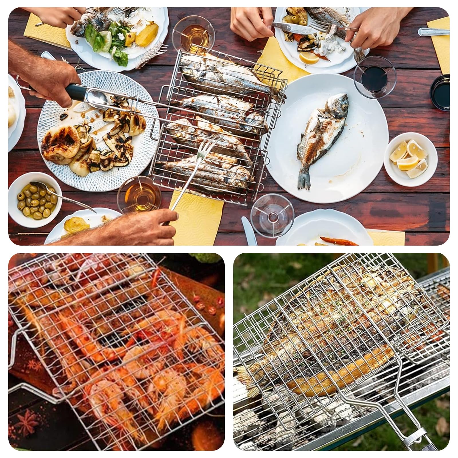 Panier de Barbecue Pliable 32 x 22 cm Acier Inoxydable avec 2 Brosses Silicone pour Poisson Crevettes Légumes Steak