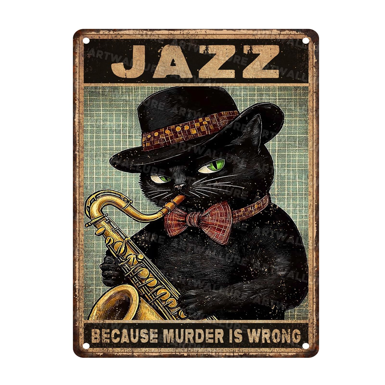 Black Cat Tin Sign Metal Wall Art Retro Jazz Murder Is Wrong Slogan Vintage Plaque for Man Cave Office Rustic Decor 12x16inch