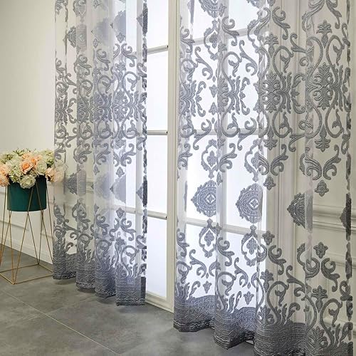 Miniatura 7 de FeLoneny Cortinas transparentes con bordado de flores doradas europeas, cortina de gasa con ojales en la parte superior, para sala de estar, panel