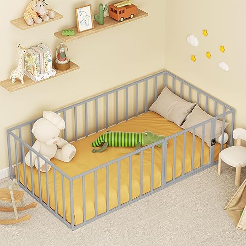 Miniatura 6 de ROOMTEC Montessori - Marco de cama de suelo doble de metal 77 × 41 × 21 con valla y puerta, fácil montaje para dormitorio y sala de juegos