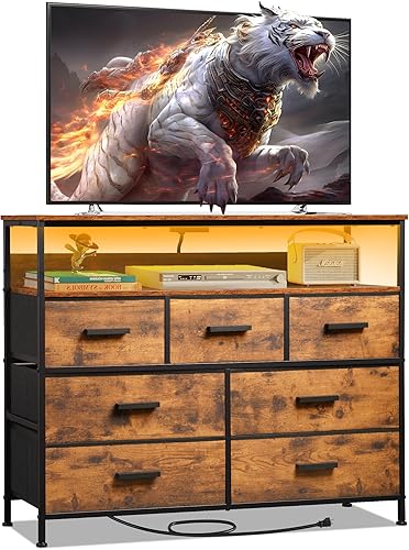 Mueble de TV con 7 cajones, soporte de TV con luces LED y tomas de corriente, cómoda para dormitorio, cómoda de hasta 45 pulgadas de largo, cómoda