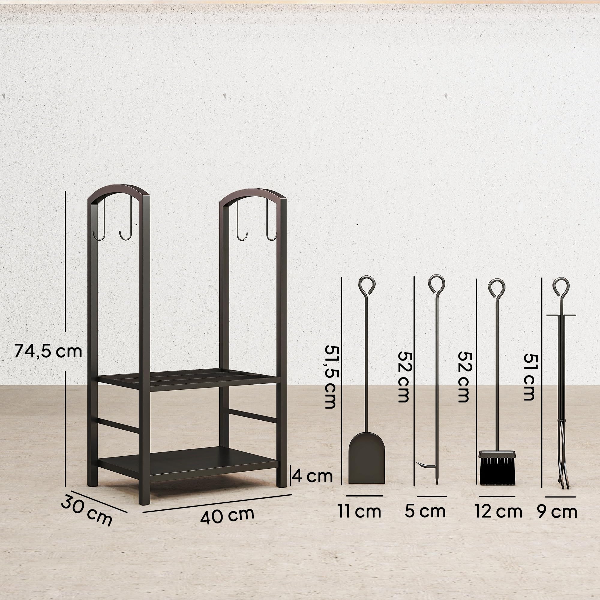 Outsunny Estante de Leña para chimenea Soporte para Leña de 2 Niveles Leñero Exterior e Interior Metálico con 4 Herramientas para Chimenea Carga Máx.100 kg 40x30x74,5 cm Negro