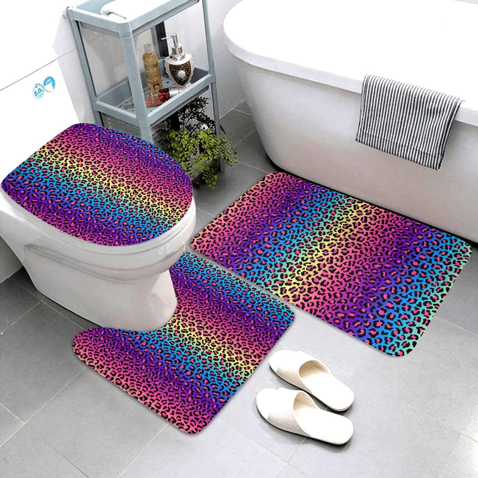 Tapis de bain léopard arc-en-ciel ultra absorbant et antidérapant pour douche