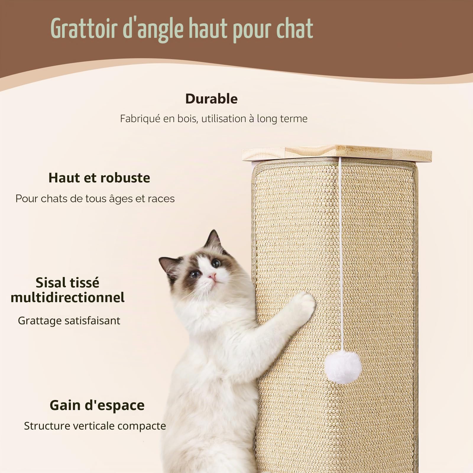 Griffoir d'angle pour chat de 78,7 cm de haut avec balles interactives, griffoir en sisal remplaçable pour chats d'intérieur, protection de meubles pour mur de canapé