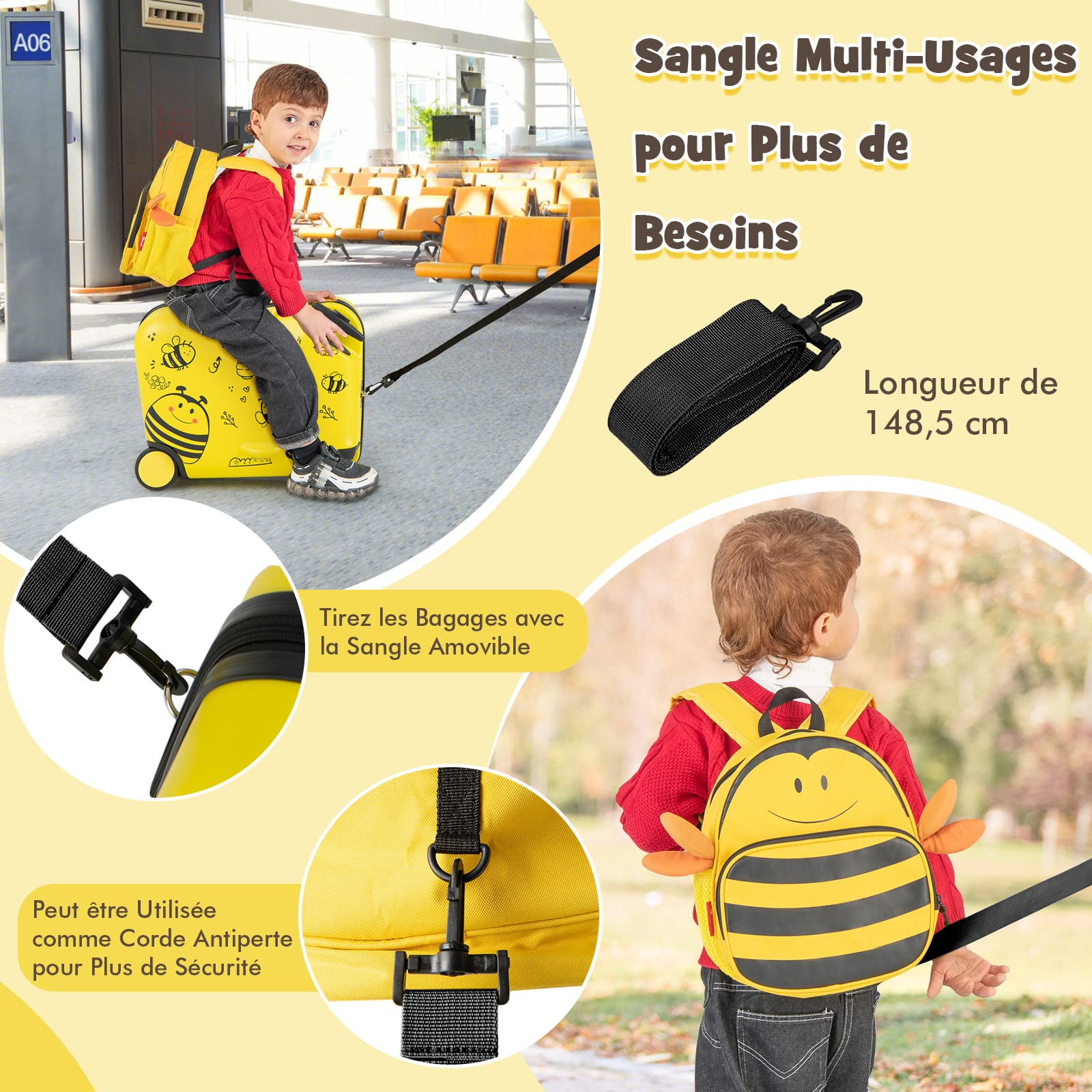 DREAMADE Valise Roulette Enfant 18" et Sac à Dos 12" avec Bandoulière Réglable Bagage Cabine Enfant 3+Ans avec Roues Pivotante 360° Bagage à Main Fille et Garçon Charge 50KG+8KG (Abeille)
