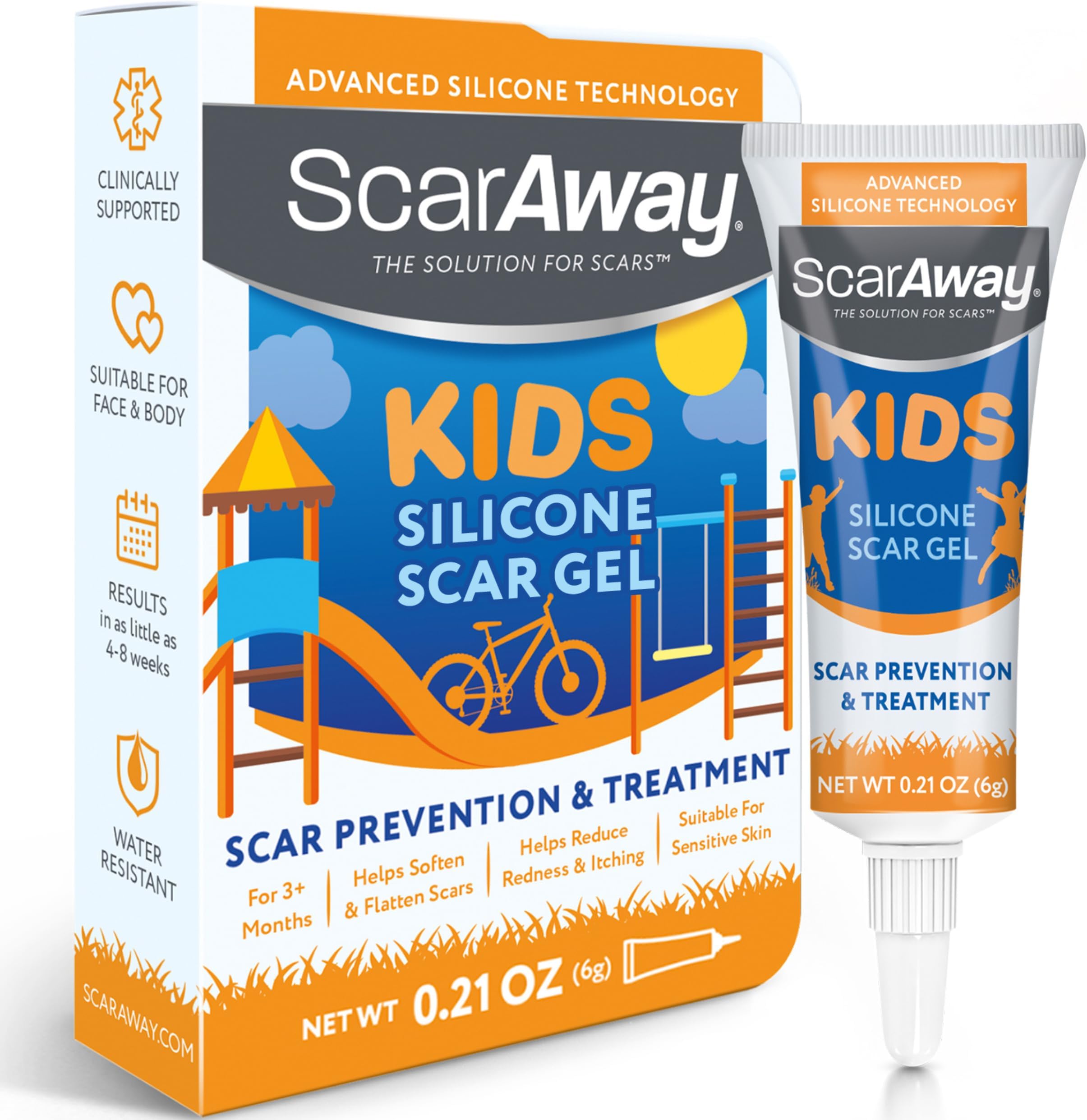 ScarAway Kids Silicone Scar Gel, 100% Medical-Grade, Helps Improve Size, Color & Texture of Hypertrophic & Keloid Scars on Face & Body from Injury, Burns & Surgery, Water Resistant, Clear, 6g