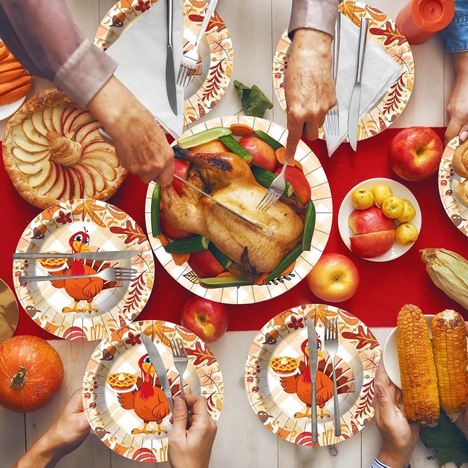 Thanksgiving Party Set: 16 9" Dinner Plates, 16 7" Dessert Plates, and 16 Napkins with Turkey Dinner Decorations - Image 6