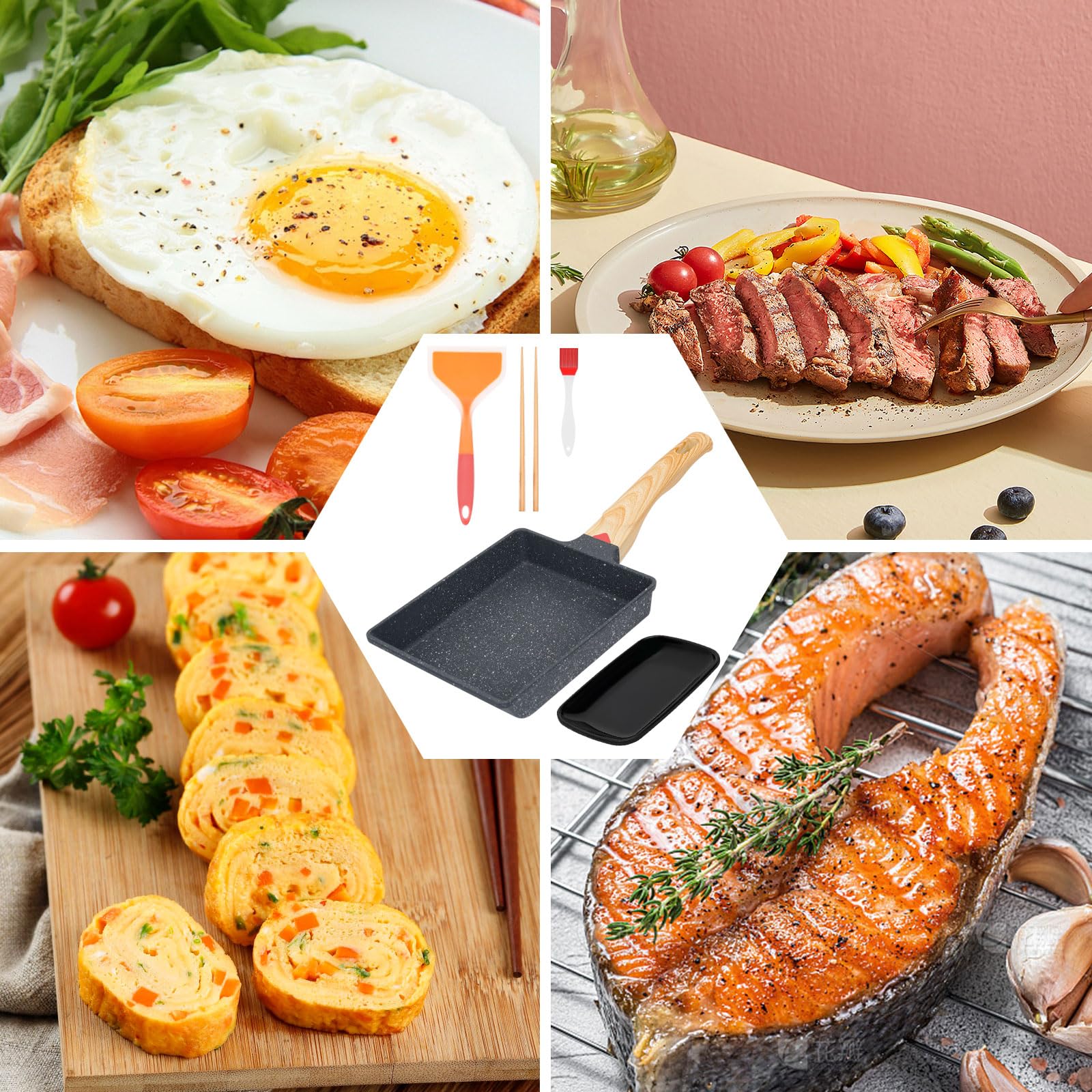 Padella Tamagoyaki, Padella per Omelette Giapponese con Piatto per Frittata, Spatola in Silicone, Pennello e Bacchette, Padella Rettangolare per Frittata per Frittata per Induzione e Gas